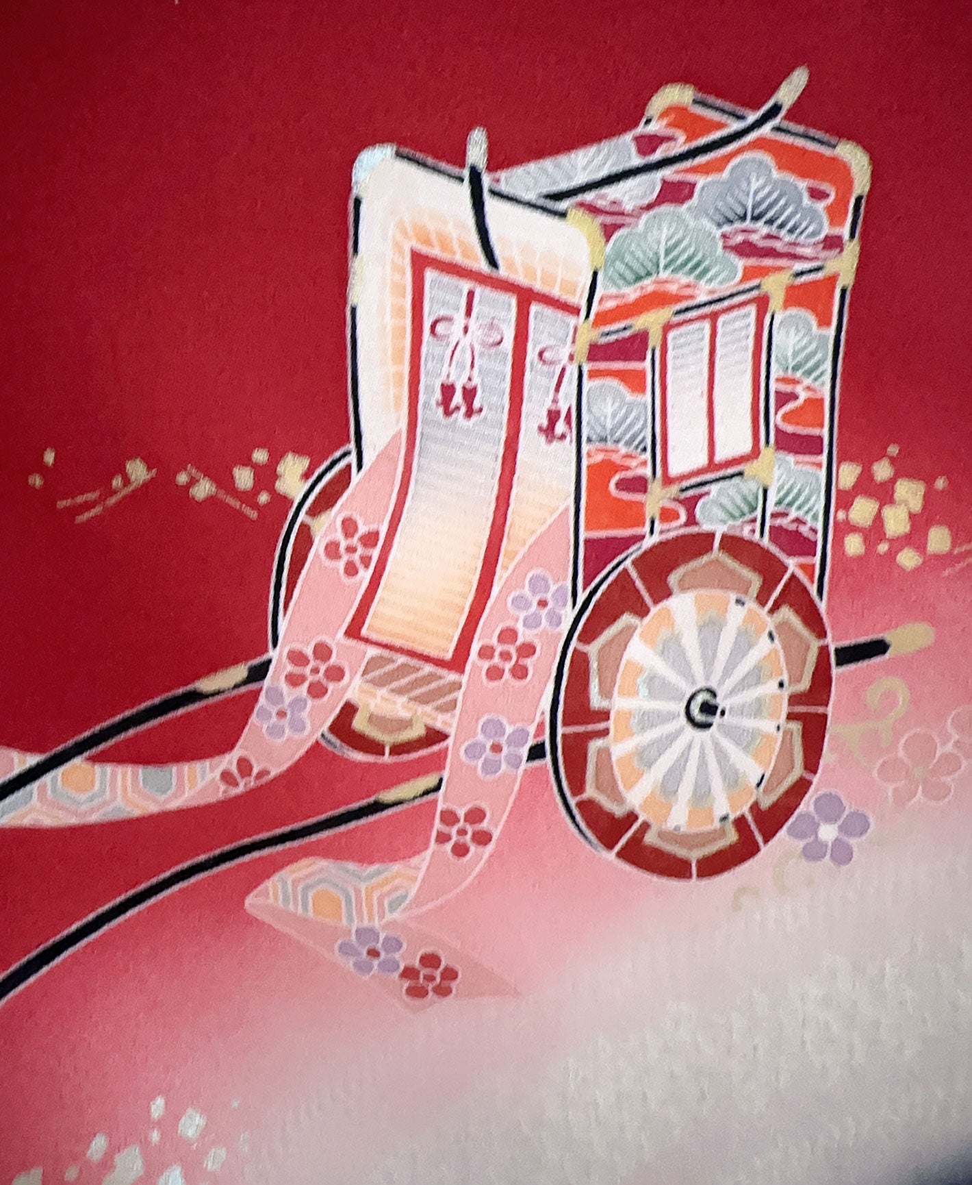 朱緋 赤系 暈し染め 駒刺繍 金彩 御所車 七宝 訪問着 着物レンタル