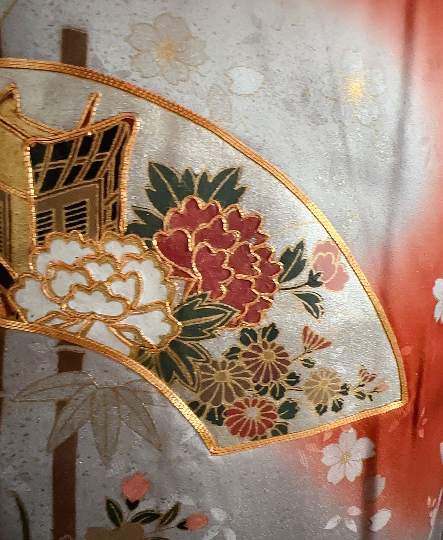 赤橙 橙系 暈し染め 駒刺繍 金彩 牡丹 竹 御所車 訪問着 着物レンタル