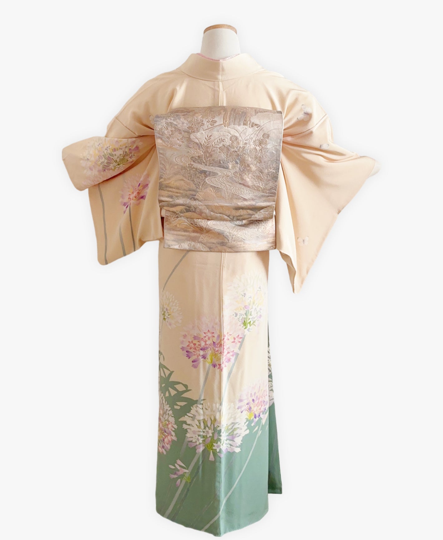 肌色 黄系 暈し染め 友禅 作家物 手描き 花草 訪問着 着物レンタル