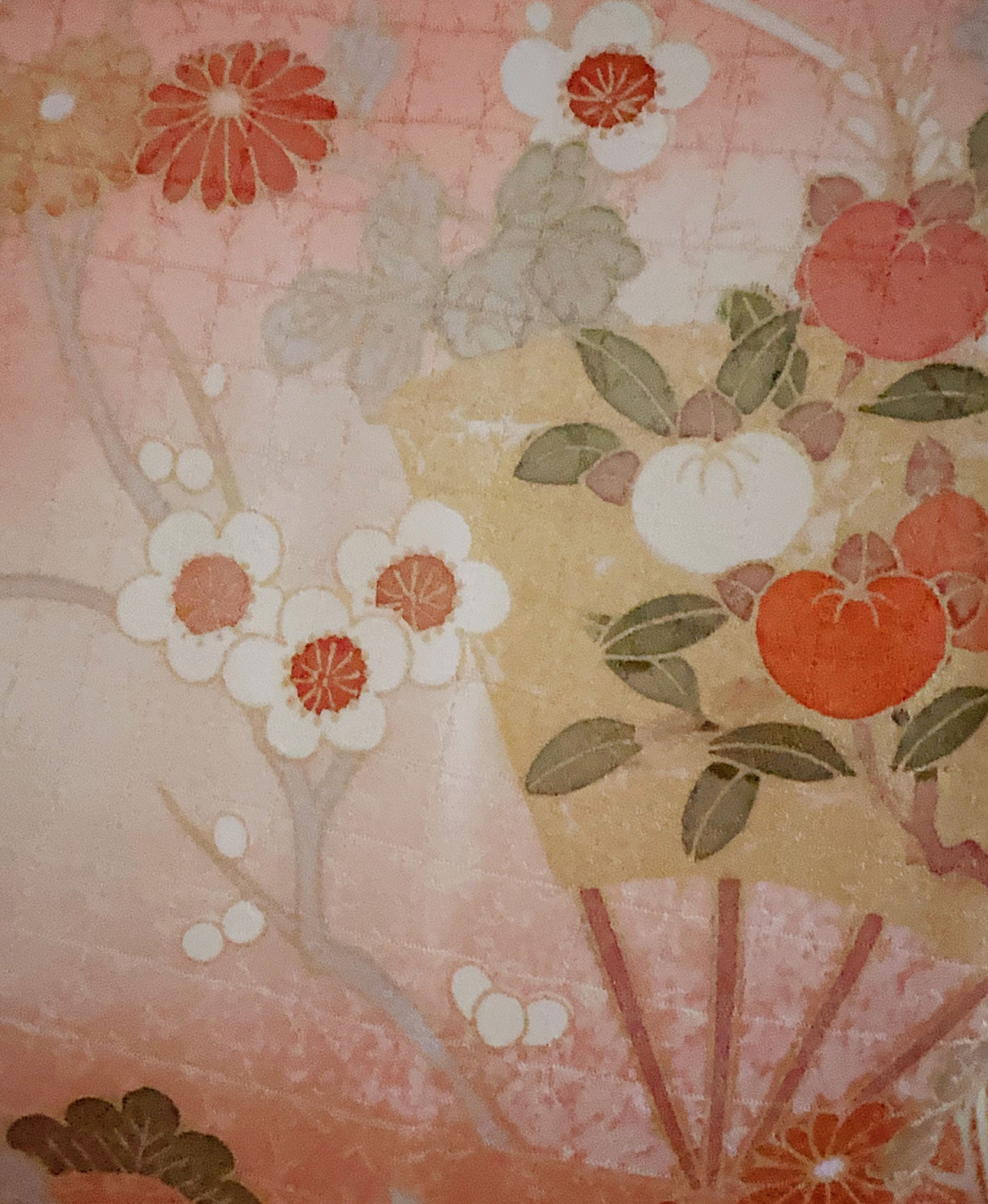 甚三紅 赤系 暈し染め 金彩 扇 菊 花草 訪問着 着物レンタル