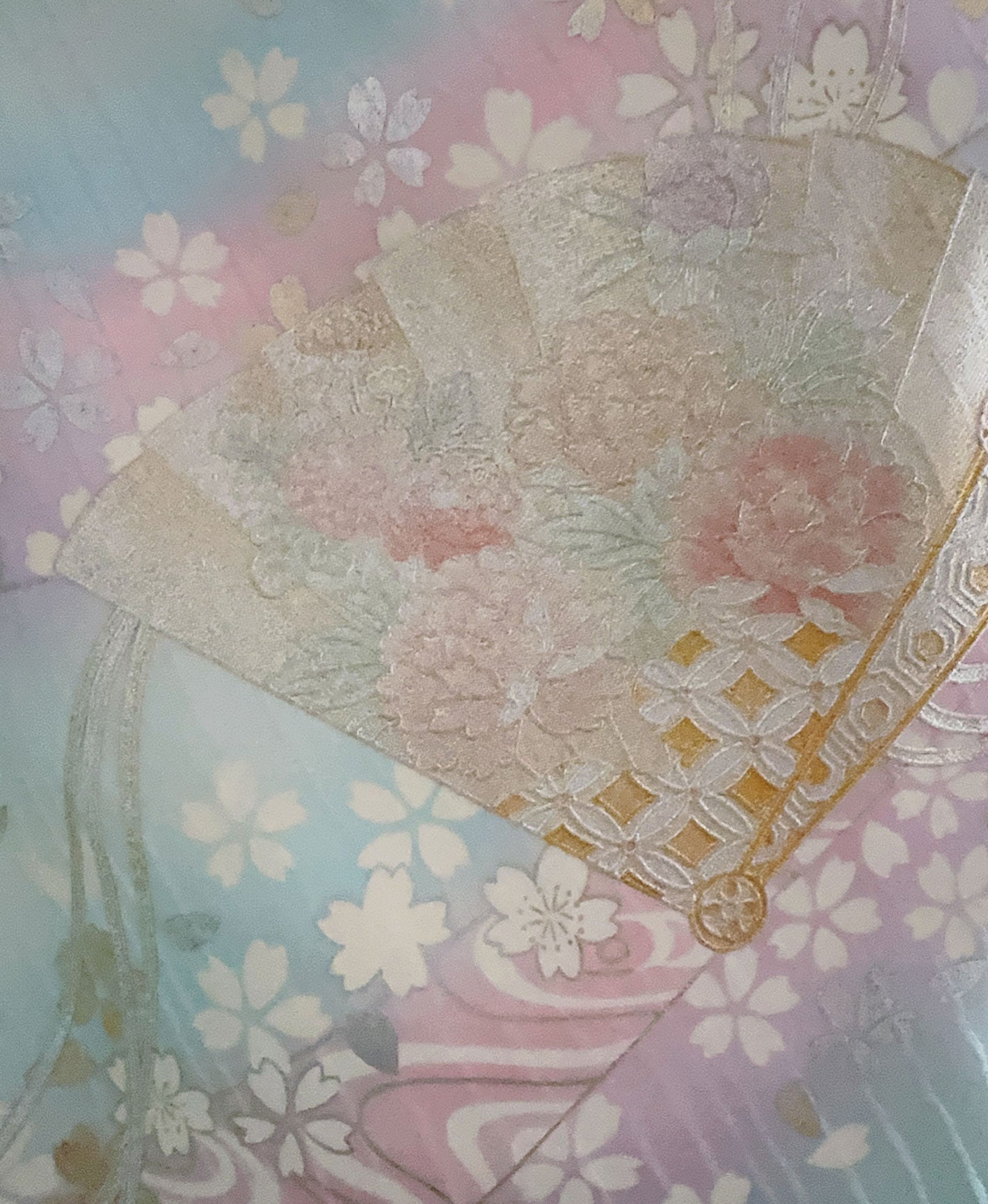 瓶覗 青系 暈し染め 金彩 桜 流水 檜扇 訪問着 着物レンタル