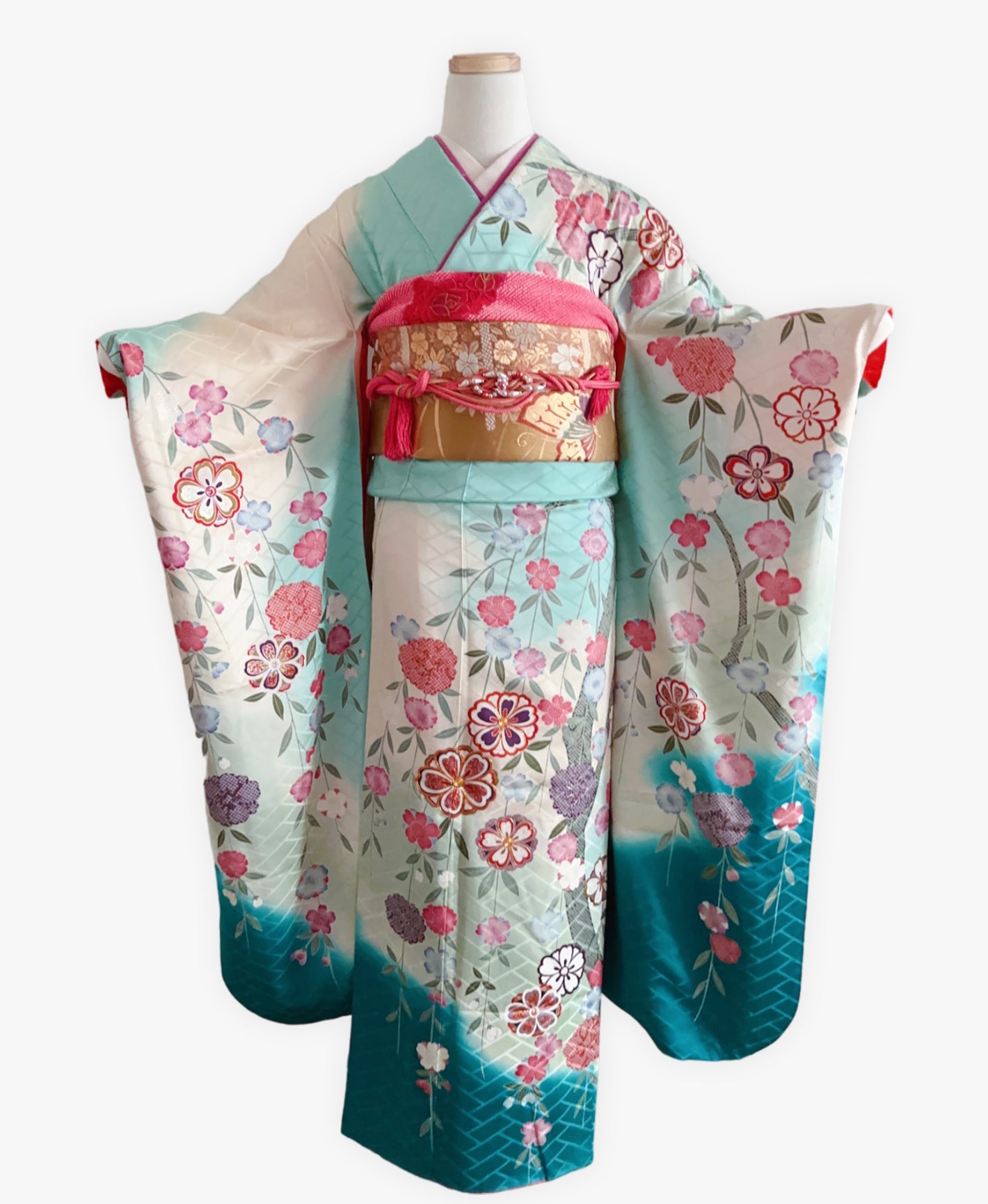 青竹色 緑系 暈し染め 駒刺繍 金彩 枝垂れ桜 振袖 着物レンタル 成人式振袖