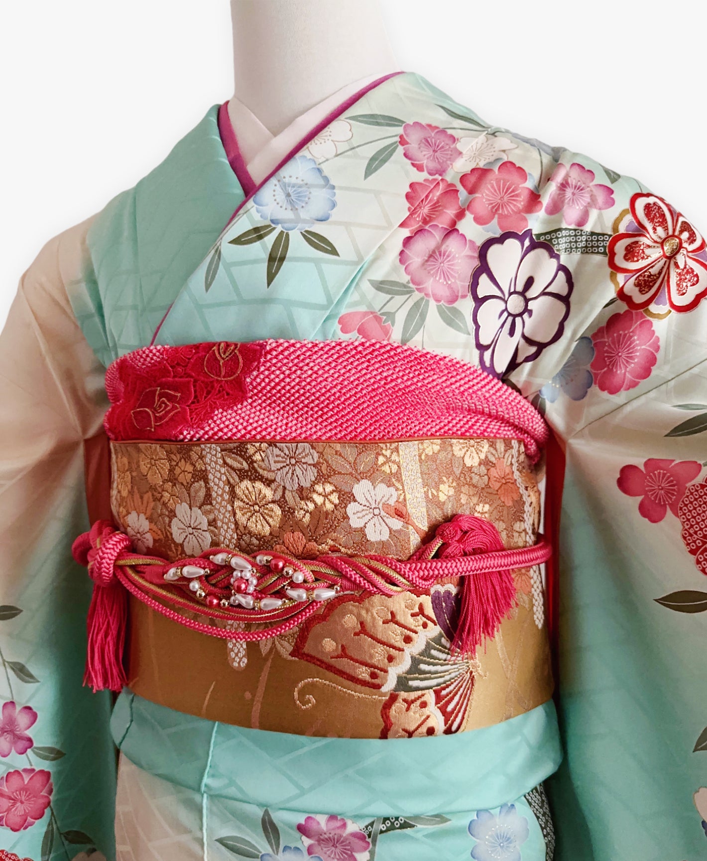 青竹色 緑系 暈し染め 駒刺繍 金彩 枝垂れ桜 振袖 着物レンタル 成人式振袖