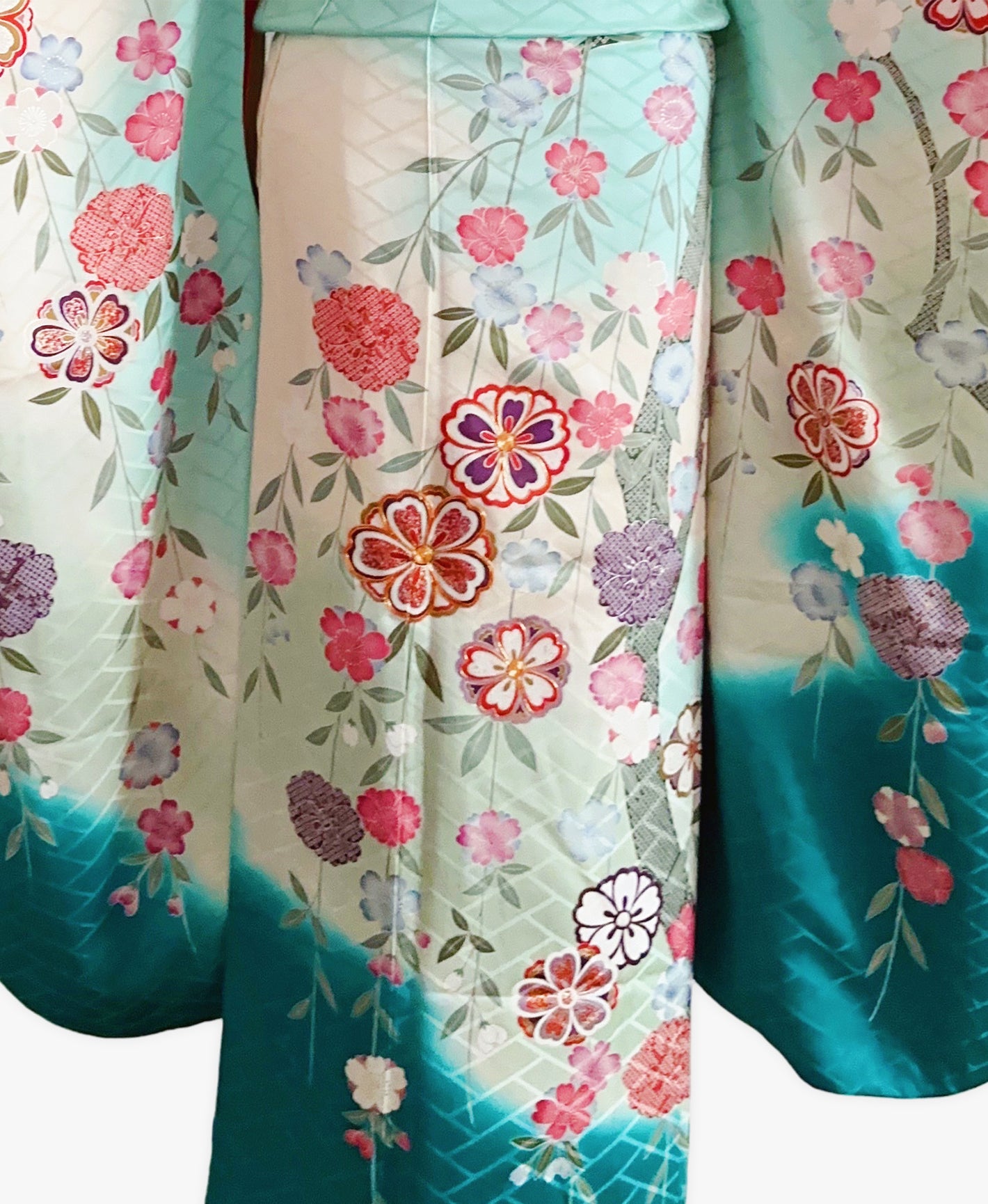 青竹色 緑系 暈し染め 駒刺繍 金彩 枝垂れ桜 振袖 着物レンタル 成人式振袖