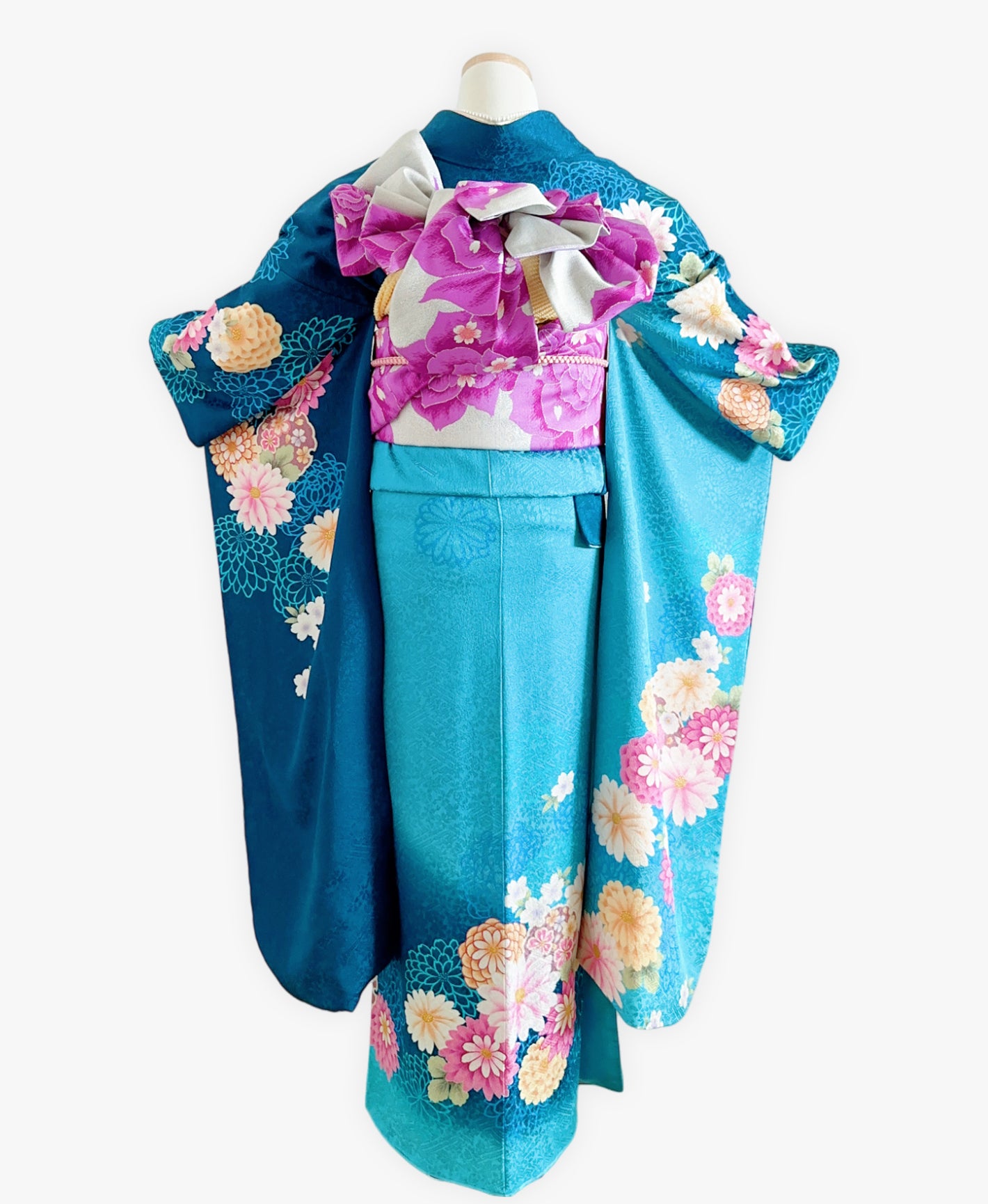 縹色 青系 暈し染め 金彩 手描き 菊 桜 雪輪 振袖 着物レンタル 成人式振袖
