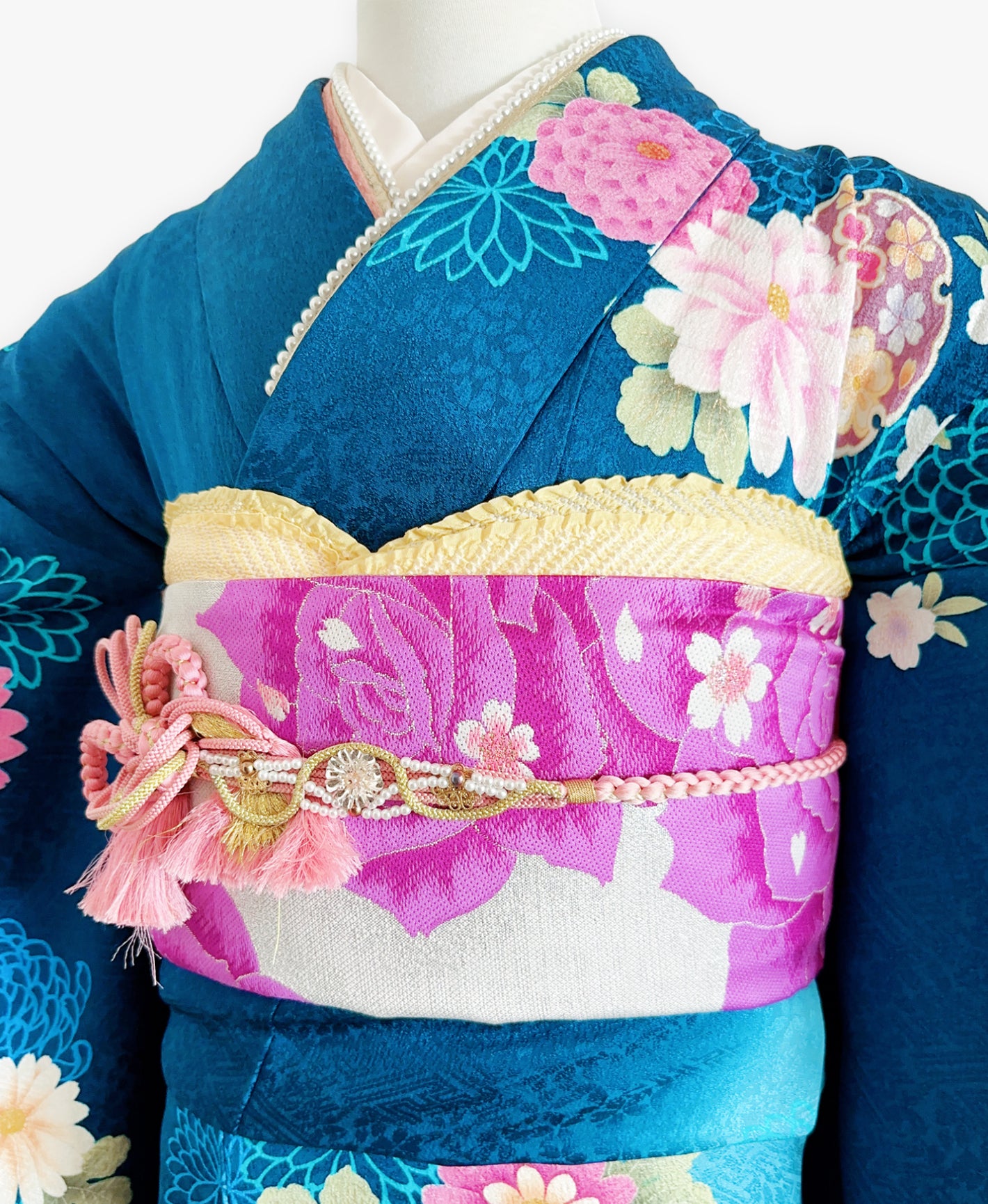 縹色 青系 暈し染め 金彩 手描き 菊 桜 雪輪 振袖 着物レンタル 成人式振袖