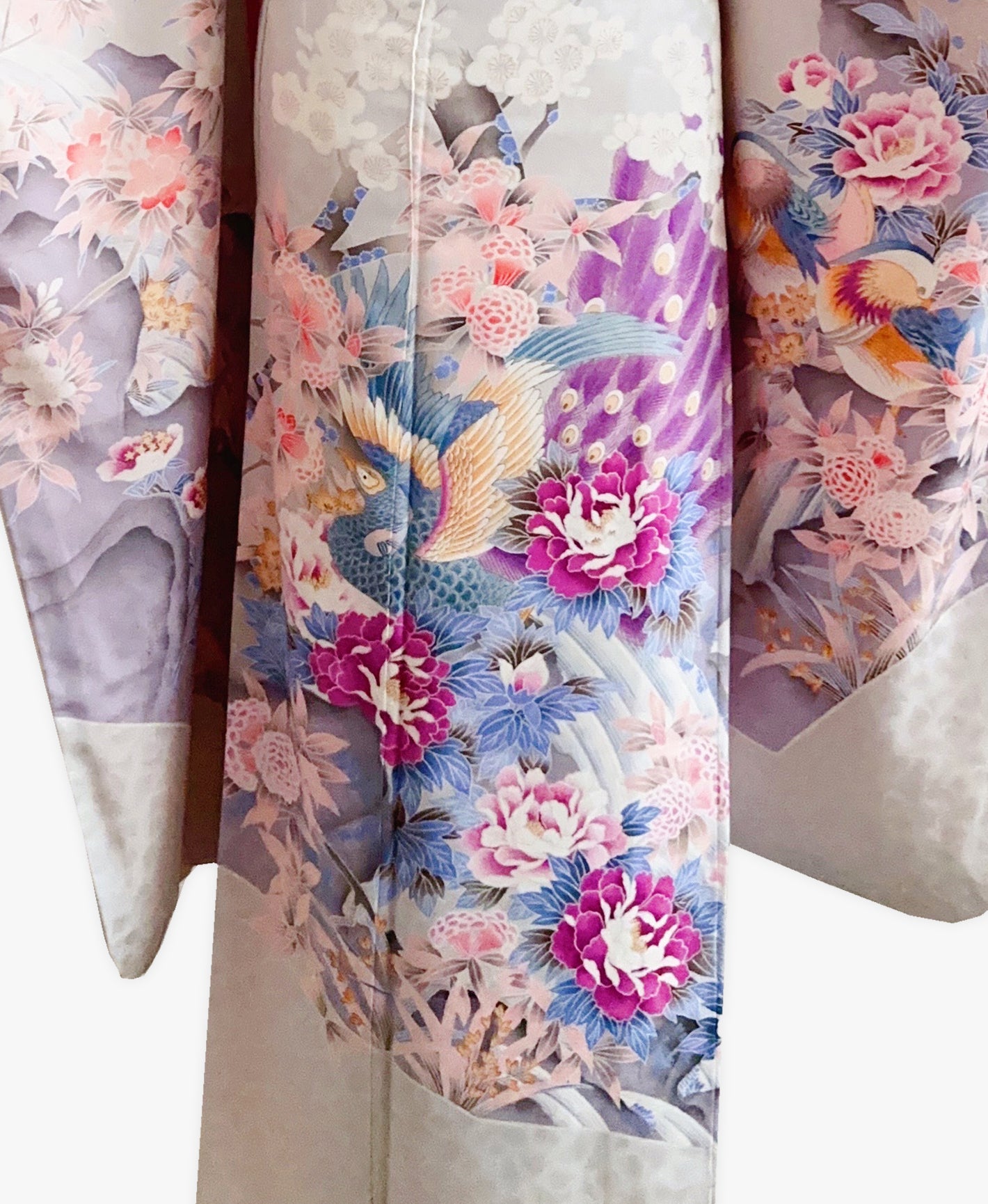 白梅鼠 灰系 暈し染め 鴛鴦 梅 花草 風景 振袖レンタル ZX701