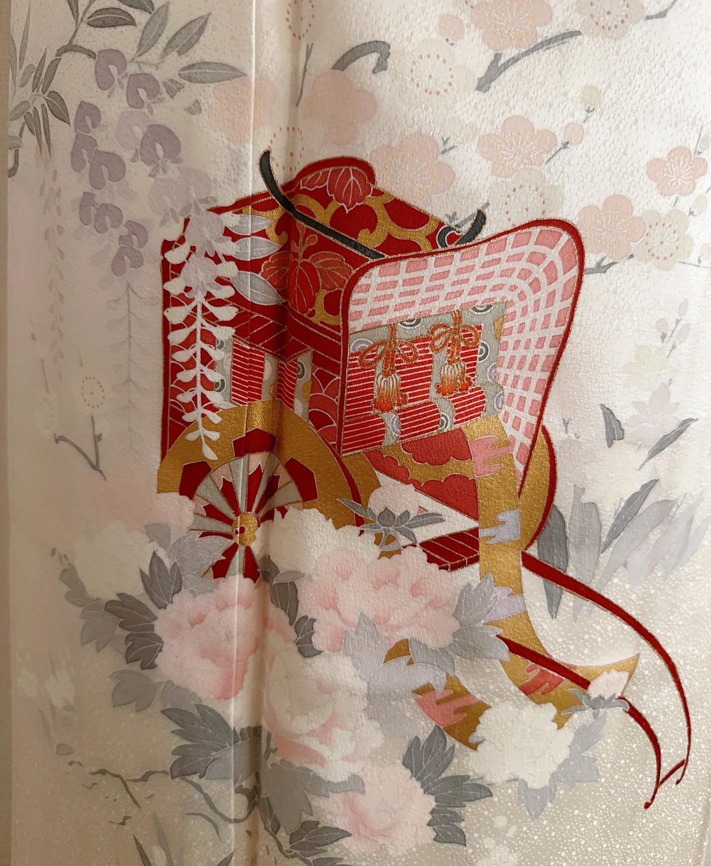 生成り色 白系 手描き 友禅 御所車 吉祥花 訪問着 着物レンタル