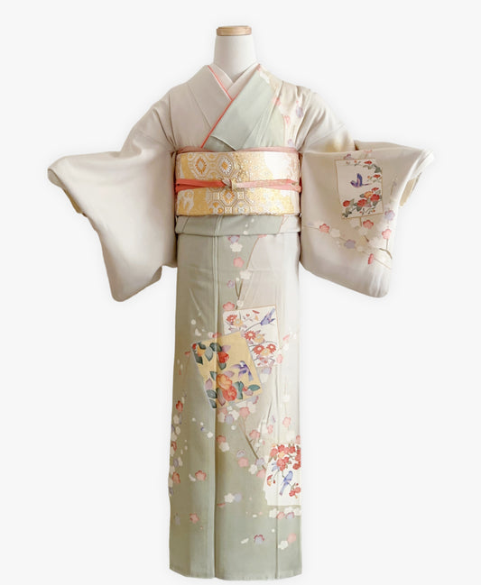 裏柳 綠系 暈し染め-金彩 枝梅 色紙花鳥文 訪問着 着物レンタル