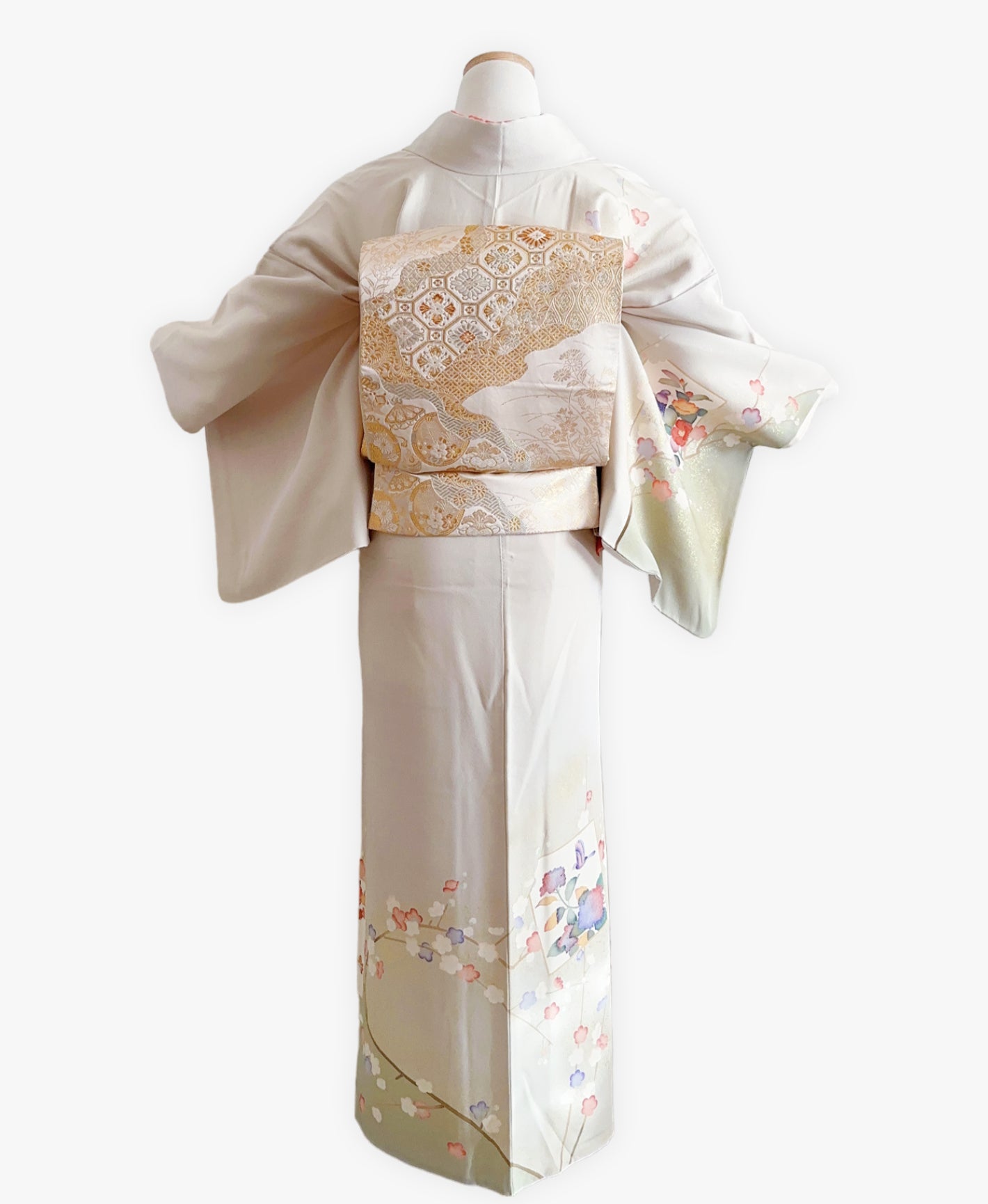 裏柳 綠系 暈し染め-金彩 枝梅 色紙花鳥文 訪問着 着物レンタル