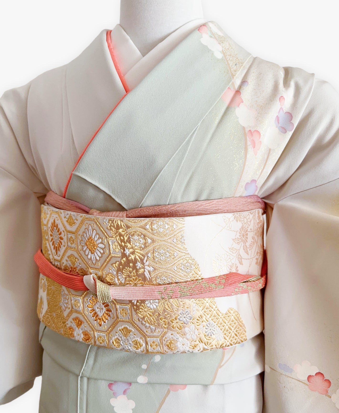 裏柳 綠系 暈し染め-金彩 枝梅 色紙花鳥文 訪問着 着物レンタル