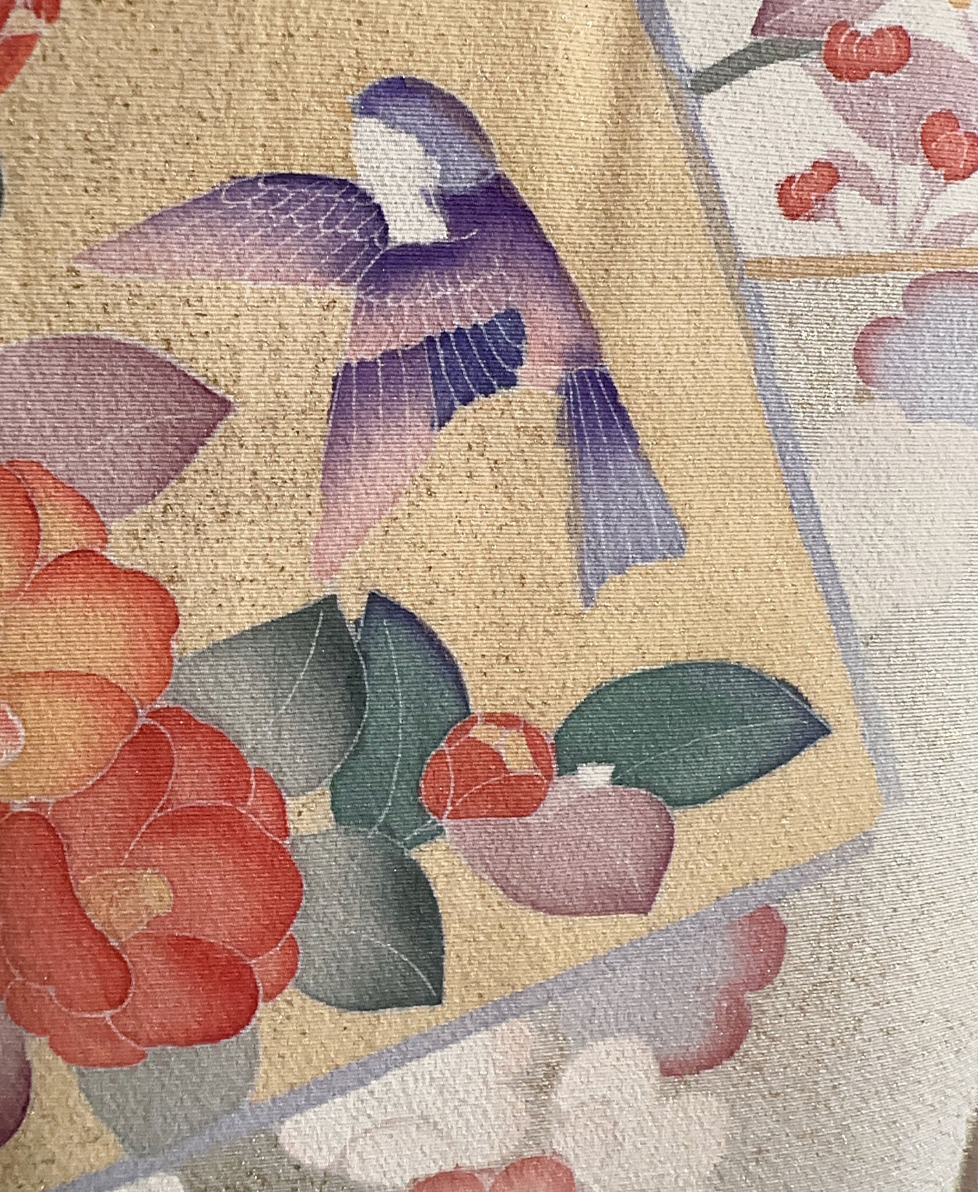 裏柳 綠系 暈し染め-金彩 枝梅 色紙花鳥文 訪問着 着物レンタル