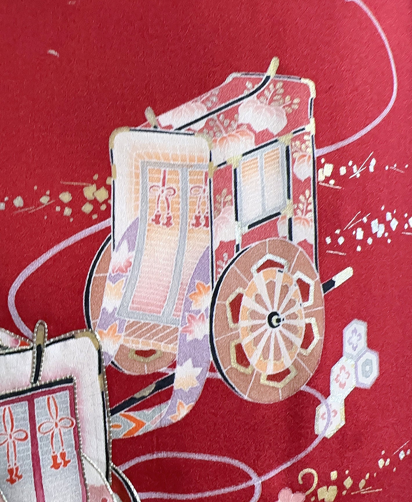 朱緋 赤系 暈し染め 駒刺繍 金彩 御所車 七宝 訪問着 着物レンタル