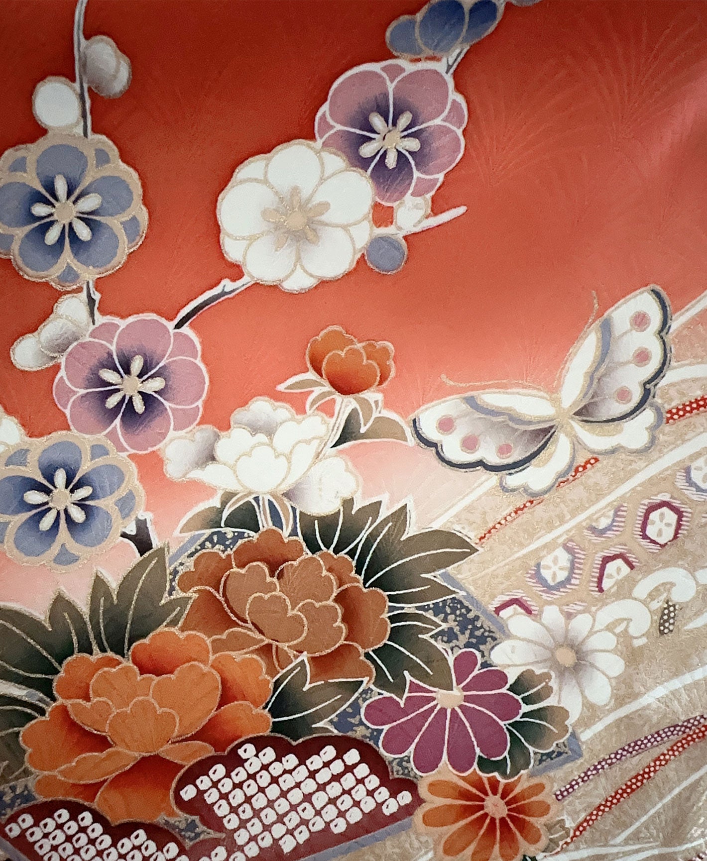 照柿 橙系 暈し染め 駒刺繍 金彩 枝梅 花束 流水 蝶 訪問着 着物レンタル