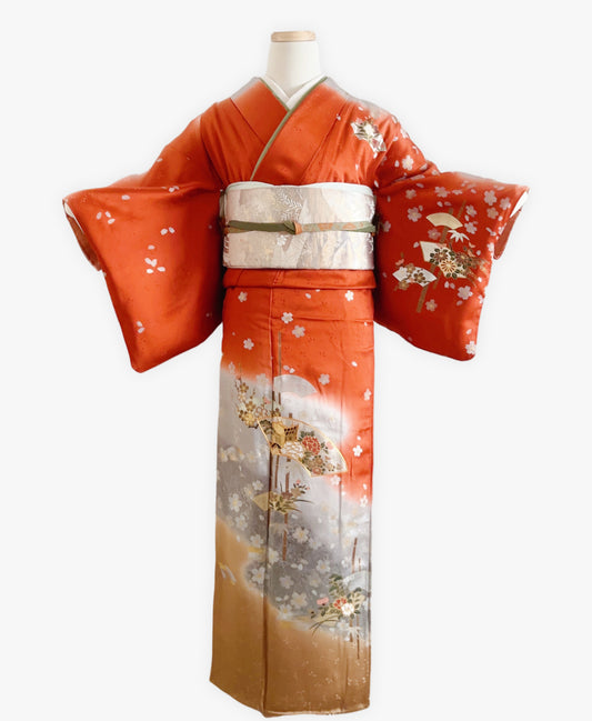 赤橙 橙系 暈し染め 駒刺繍 金彩 牡丹 竹 御所車 訪問着 着物レンタル
