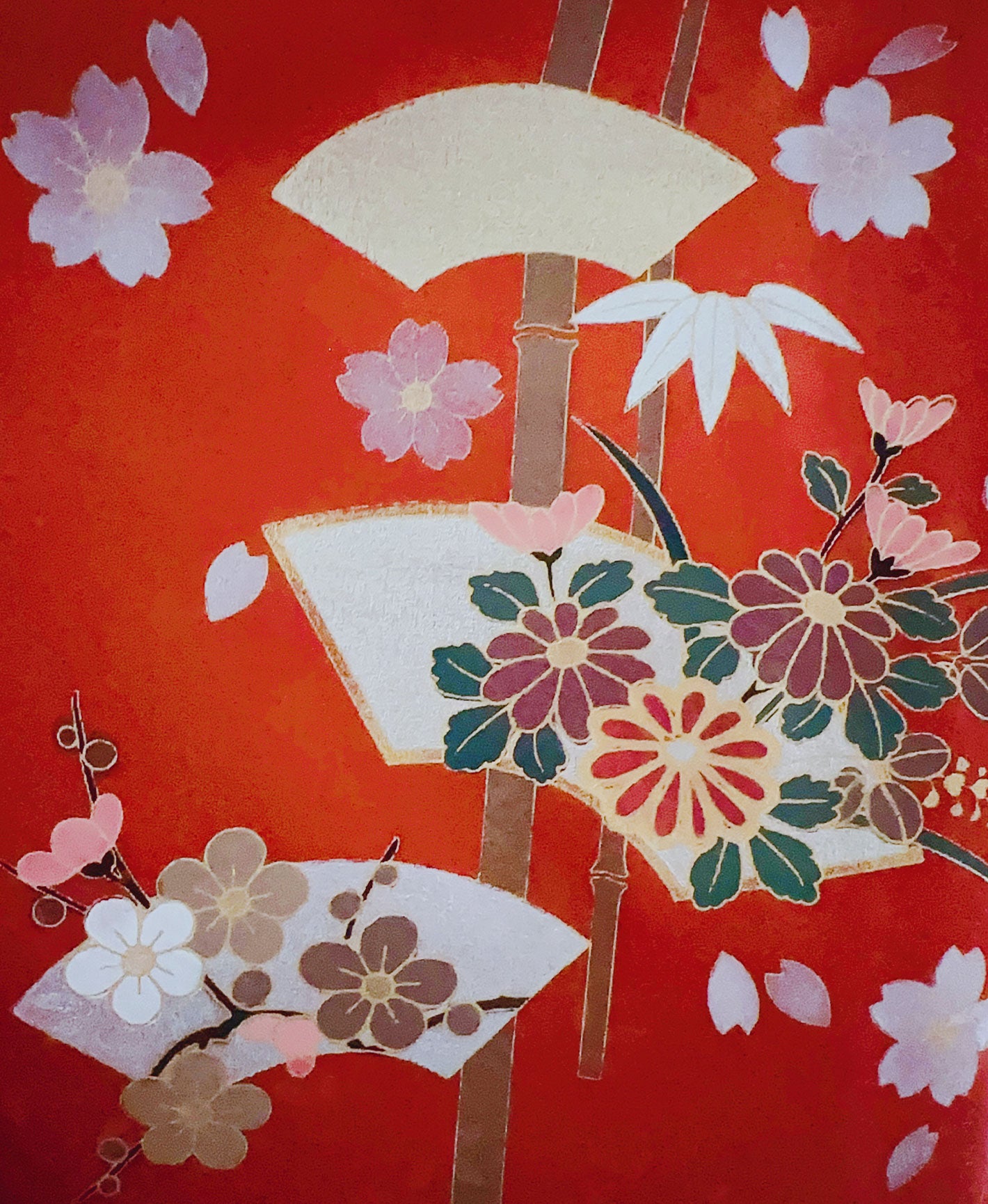赤橙 橙系 暈し染め 駒刺繍 金彩 牡丹 竹 御所車 訪問着 着物レンタル