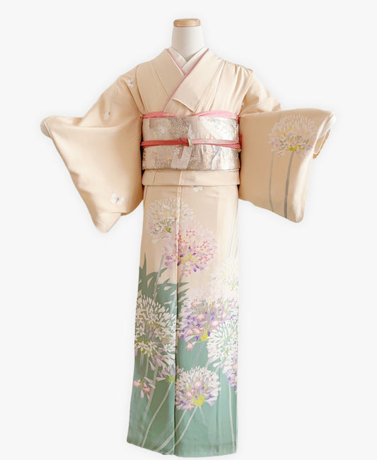 肌色 黄系 暈し染め 友禅 作家物 手描き 花草 訪問着 着物レンタル