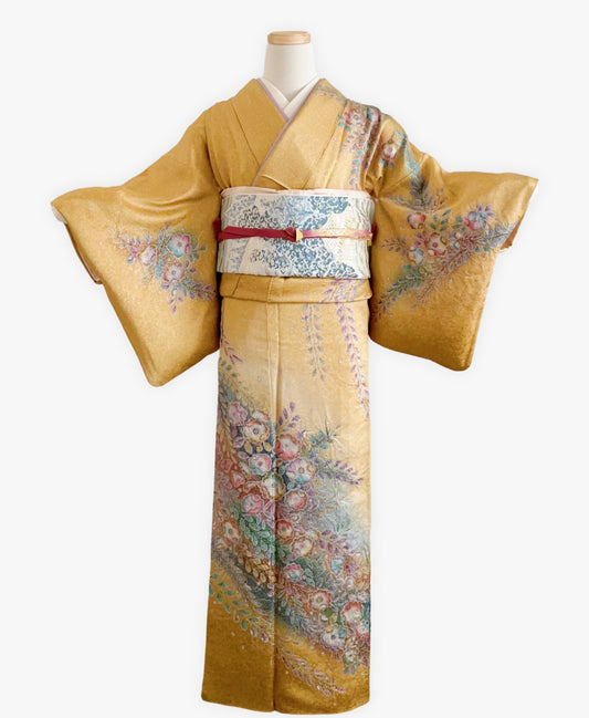 山吹茶 黃色系 暈し染め 金彩 手描き 絞り 辻が花 訪問着 着物レンタル