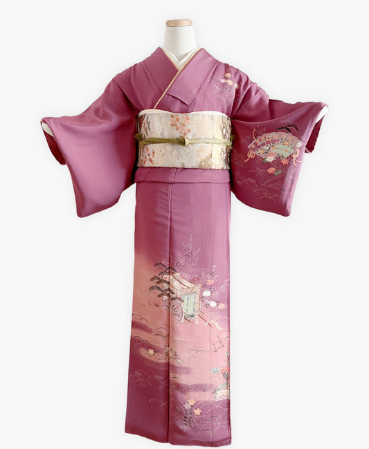 若紫 紫系 暈し染め 駒刺繍 金彩 松 菊 檜扇 御所車 訪問着 着物レンタル