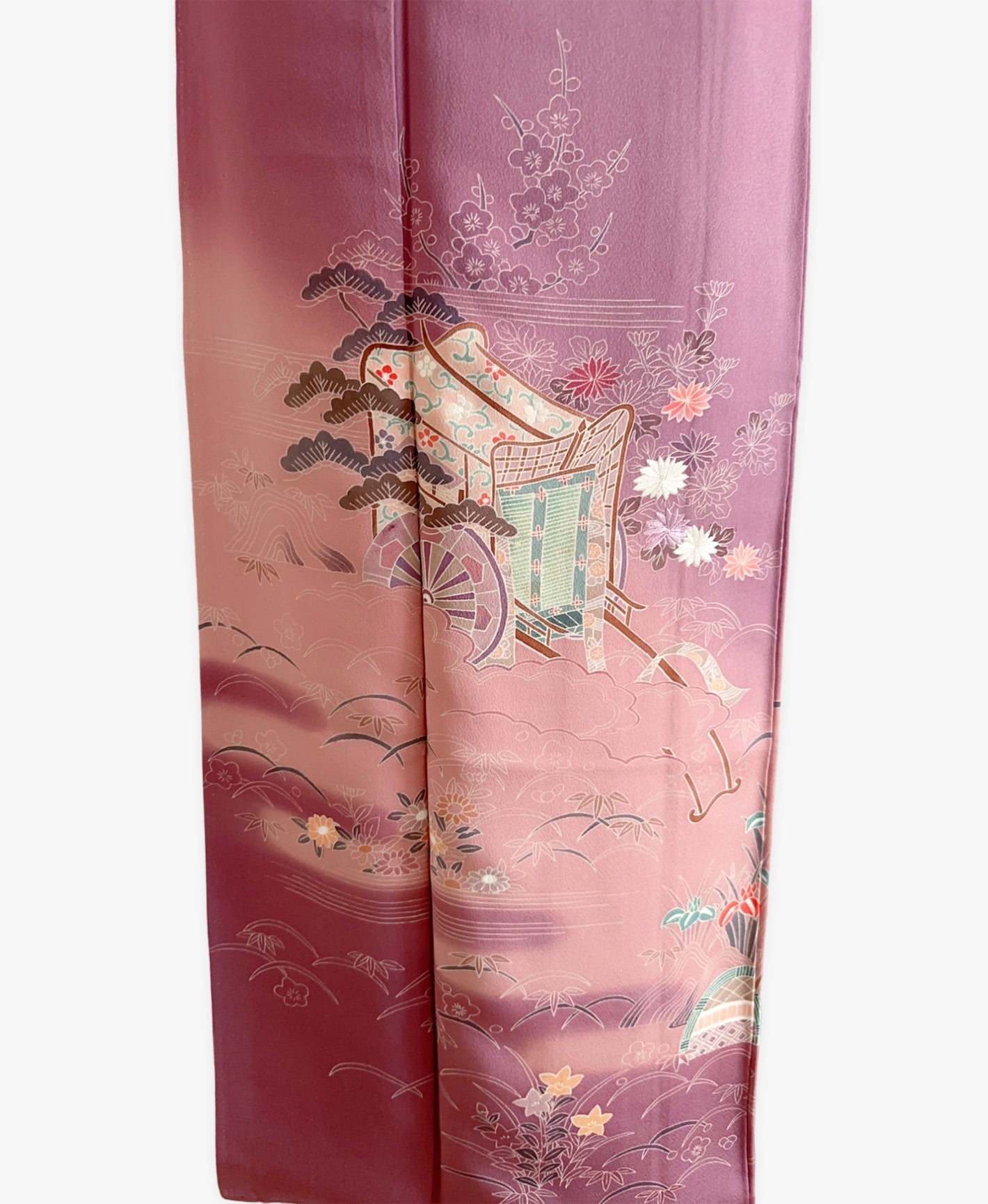 若紫 紫系 暈し染め 駒刺繍 金彩 松 菊 檜扇 御所車 訪問着 着物レンタル