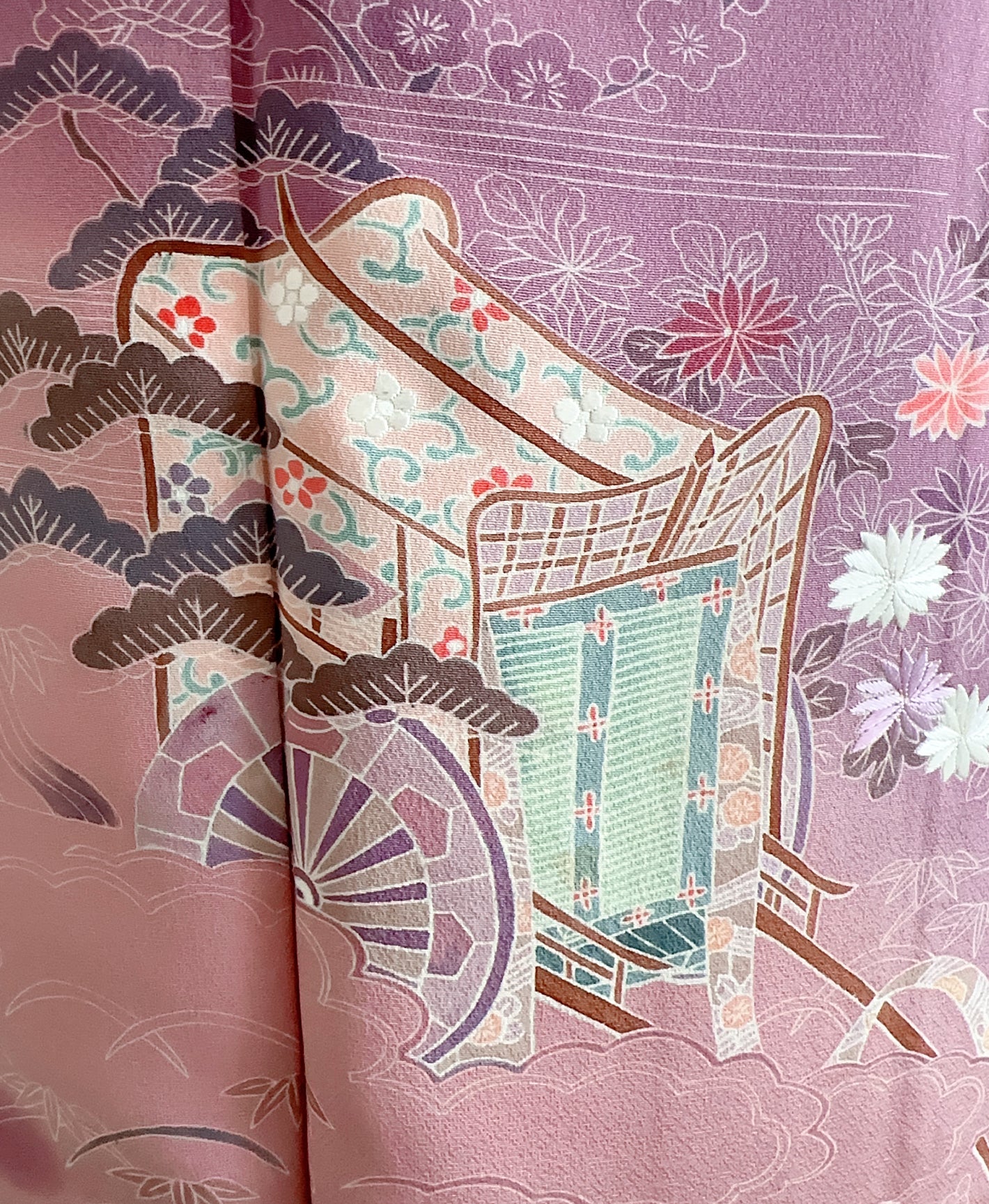 若紫 紫系 暈し染め 駒刺繍 金彩 松 菊 檜扇 御所車 訪問着 着物レンタル