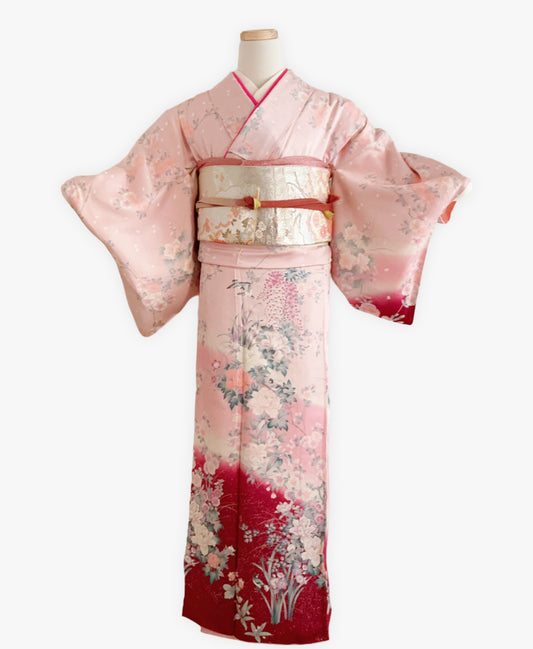 虹色 ピンク系 暈し染め 金彩 手描き 花鳥 訪問着 着物レンタル