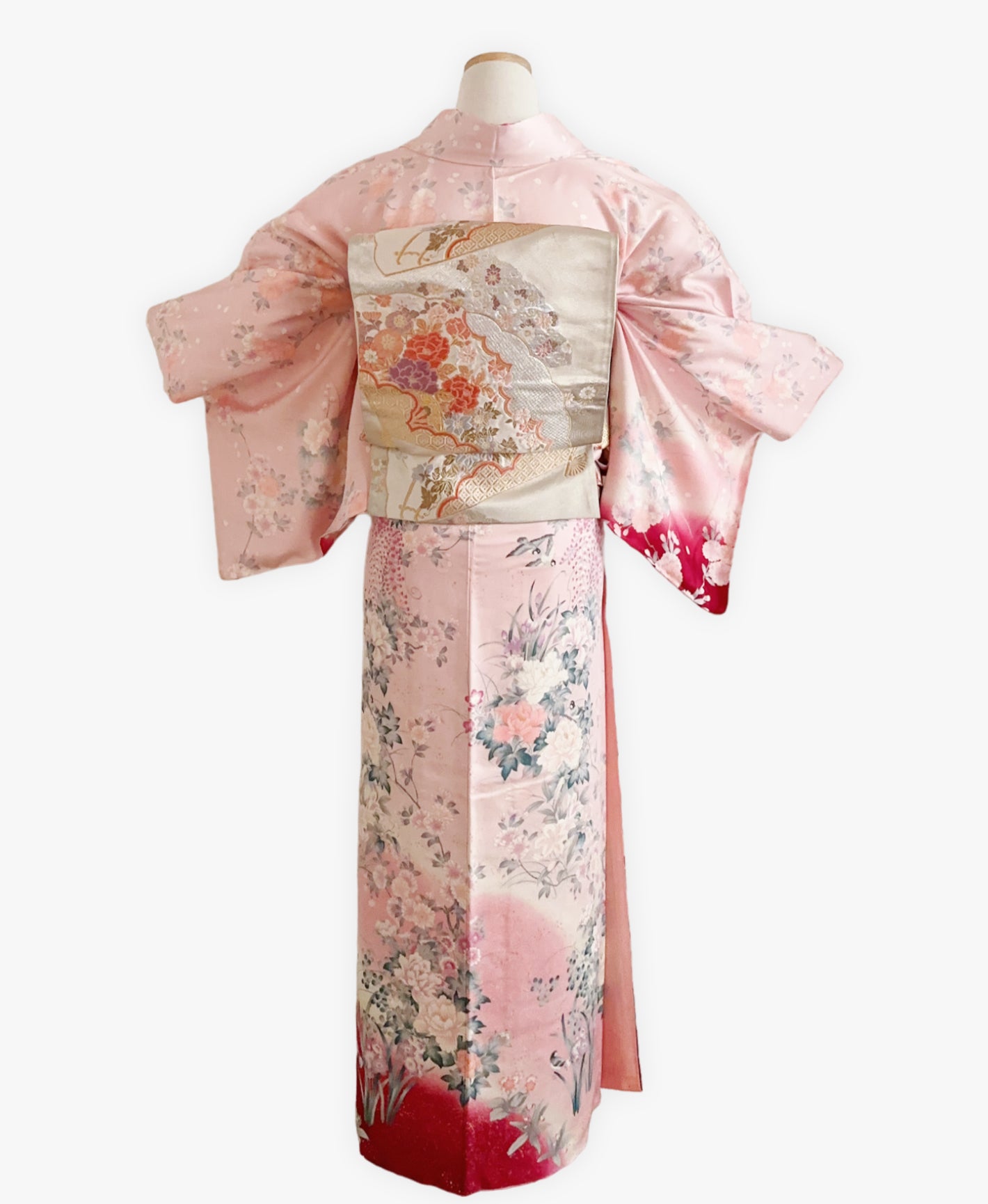 虹色 ピンク系 暈し染め 金彩 手描き 花鳥 訪問着 着物レンタル