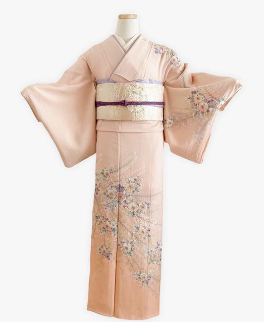肌色 ピンク系 駒刺繍 暈し染め 金彩 家物 辻が花 手描き 訪問着 着物レンタル