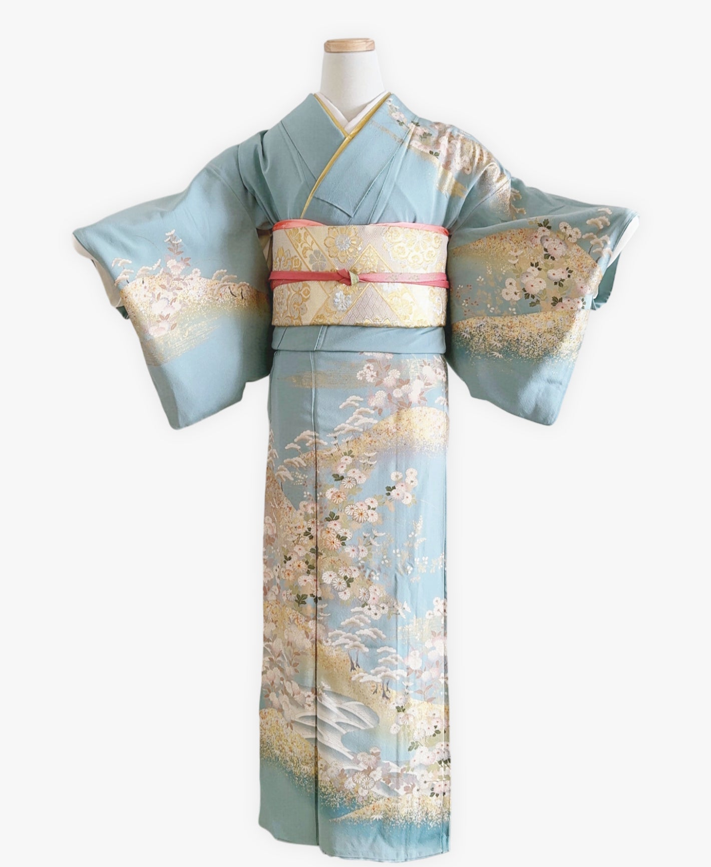 空色 青系 駒刺繍 金彩 菊 遠山 風景 訪問着 着物レンタル