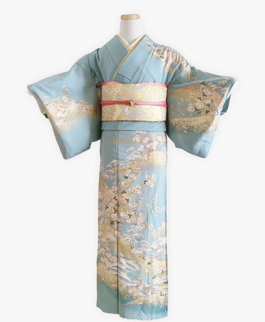空色 青系 駒刺繍 金彩 菊 遠山 風景 訪問着 着物レンタル