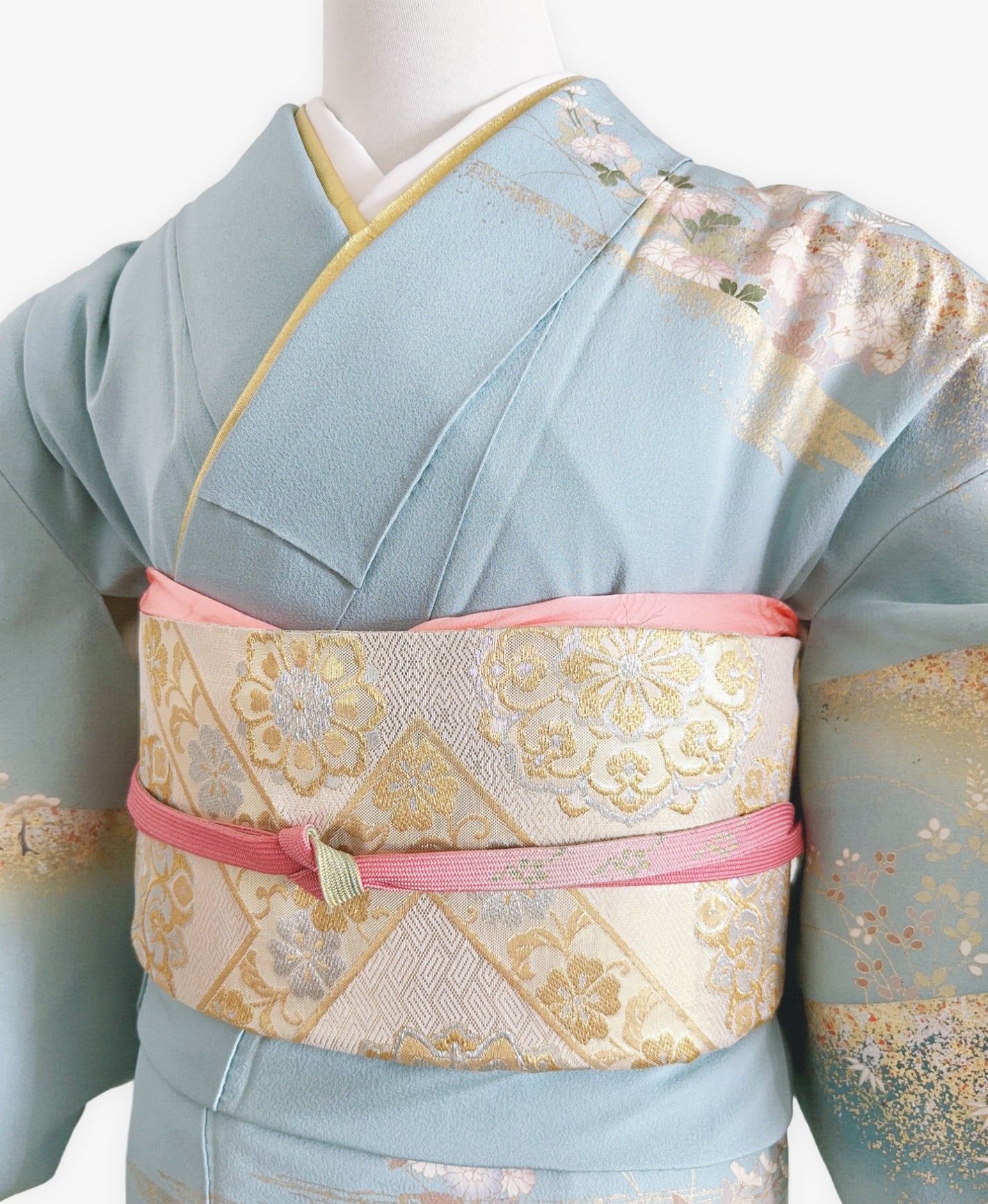 空色 青系 駒刺繍 金彩 菊 遠山 風景 訪問着 着物レンタル