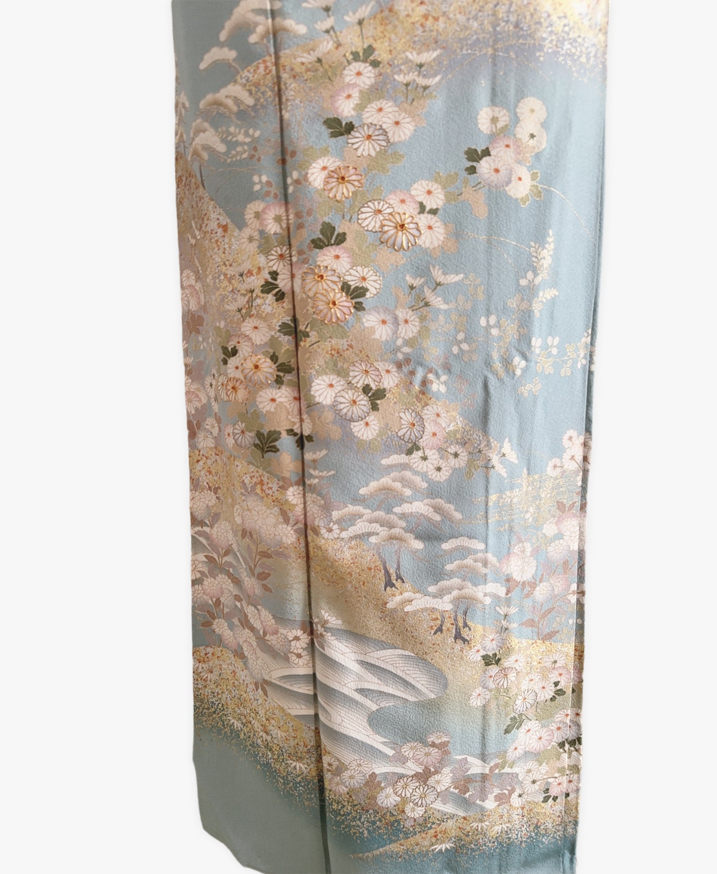 空色 青系 駒刺繍 金彩 菊 遠山 風景 訪問着 着物レンタル