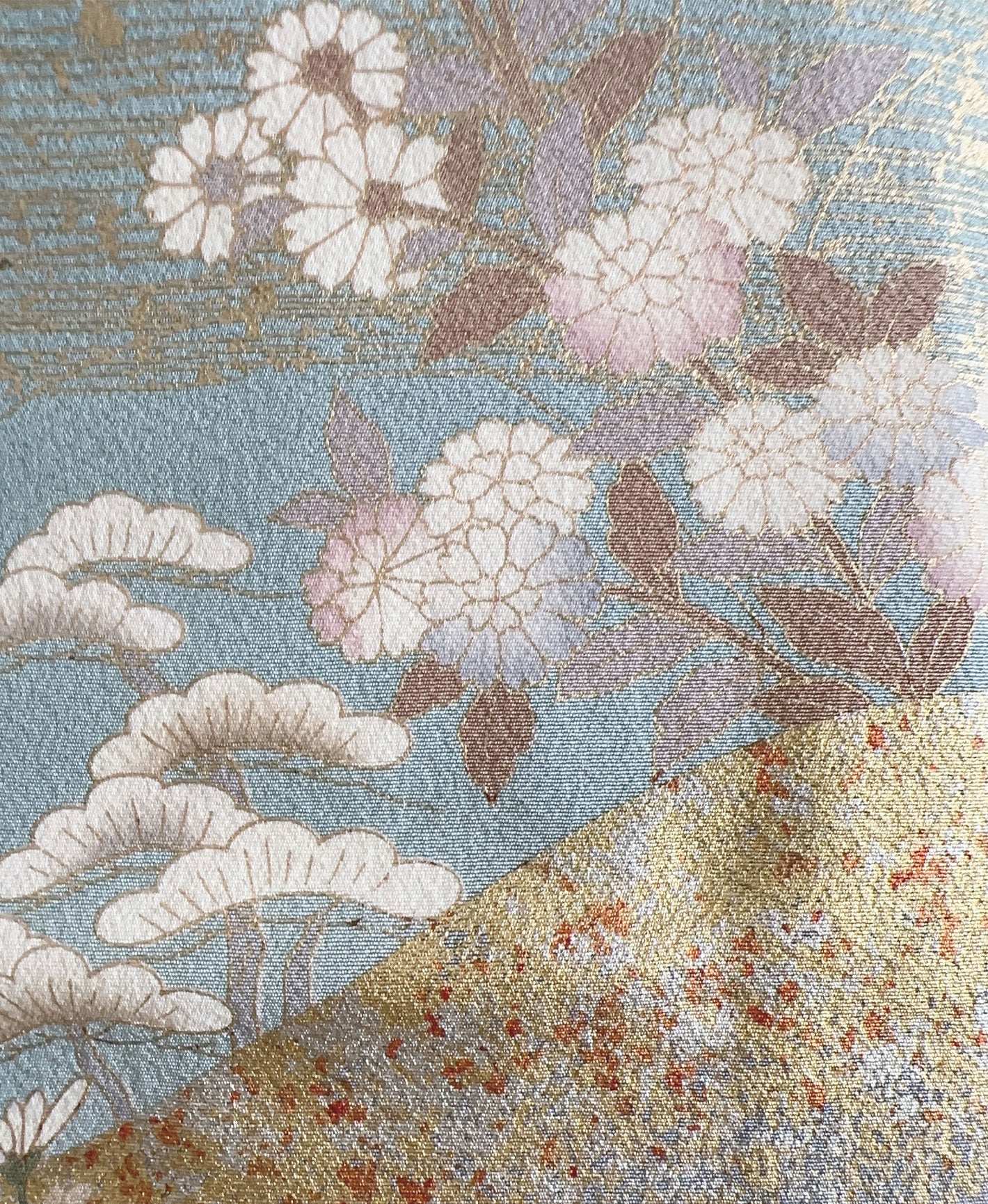 空色 青系 駒刺繍 金彩 菊 遠山 風景 訪問着 着物レンタル