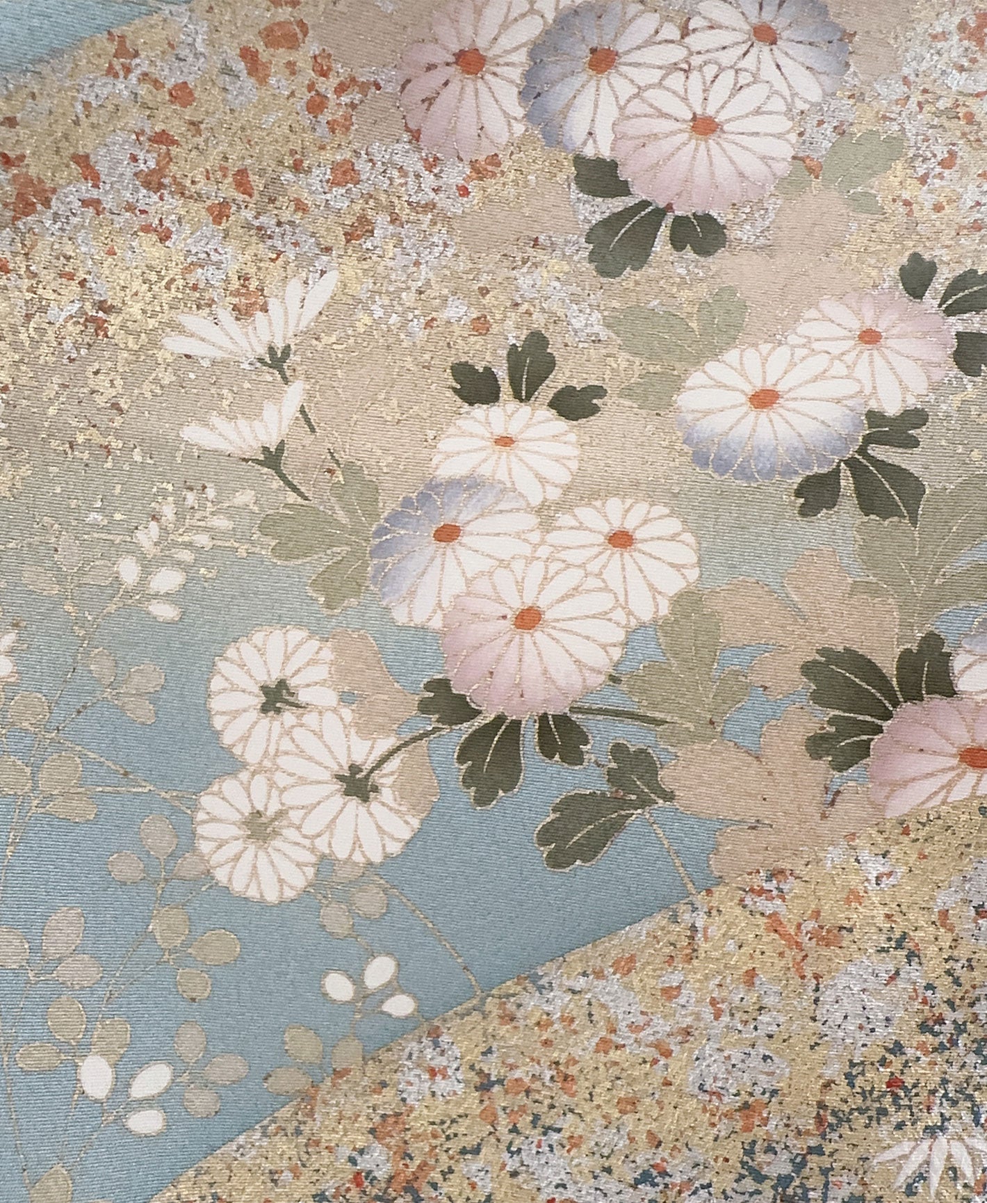 空色 青系 駒刺繍 金彩 菊 遠山 風景 訪問着 着物レンタル
