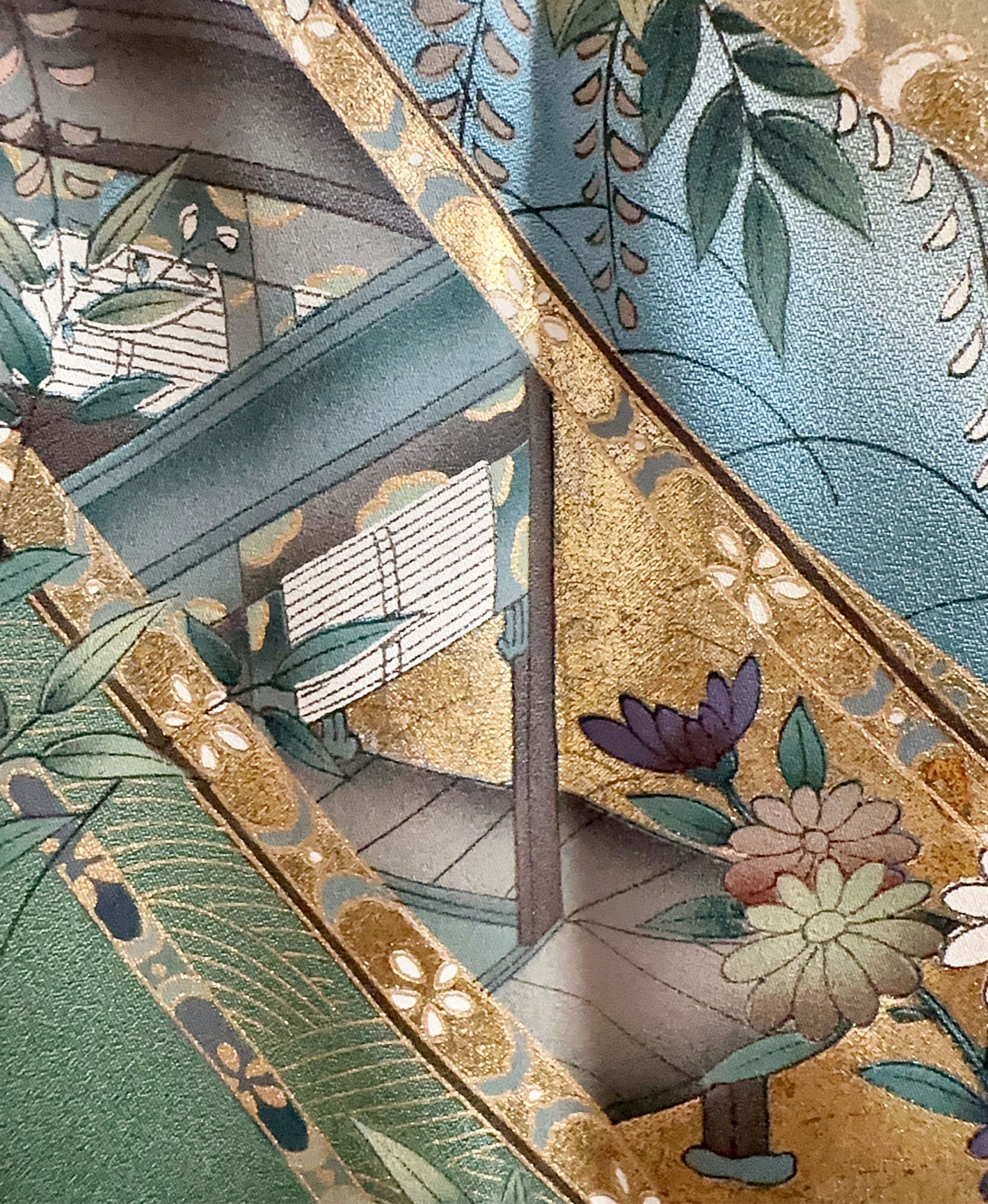 若葉色 緑系 暈し染め 駒刺繍 金彩 牡丹 花瓶 熨斗 訪問着 着物レンタル