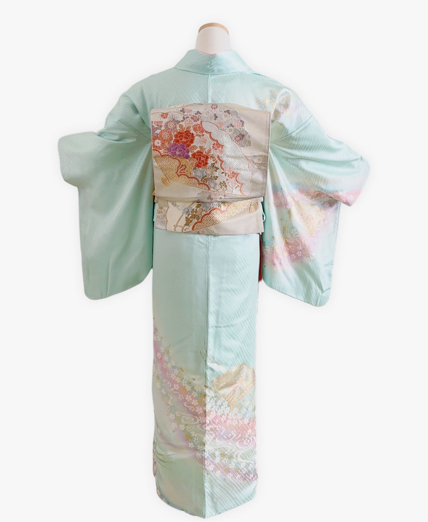 瓶覗 青系 暈し染め 金彩 桜 流水 檜扇 訪問着 着物レンタル