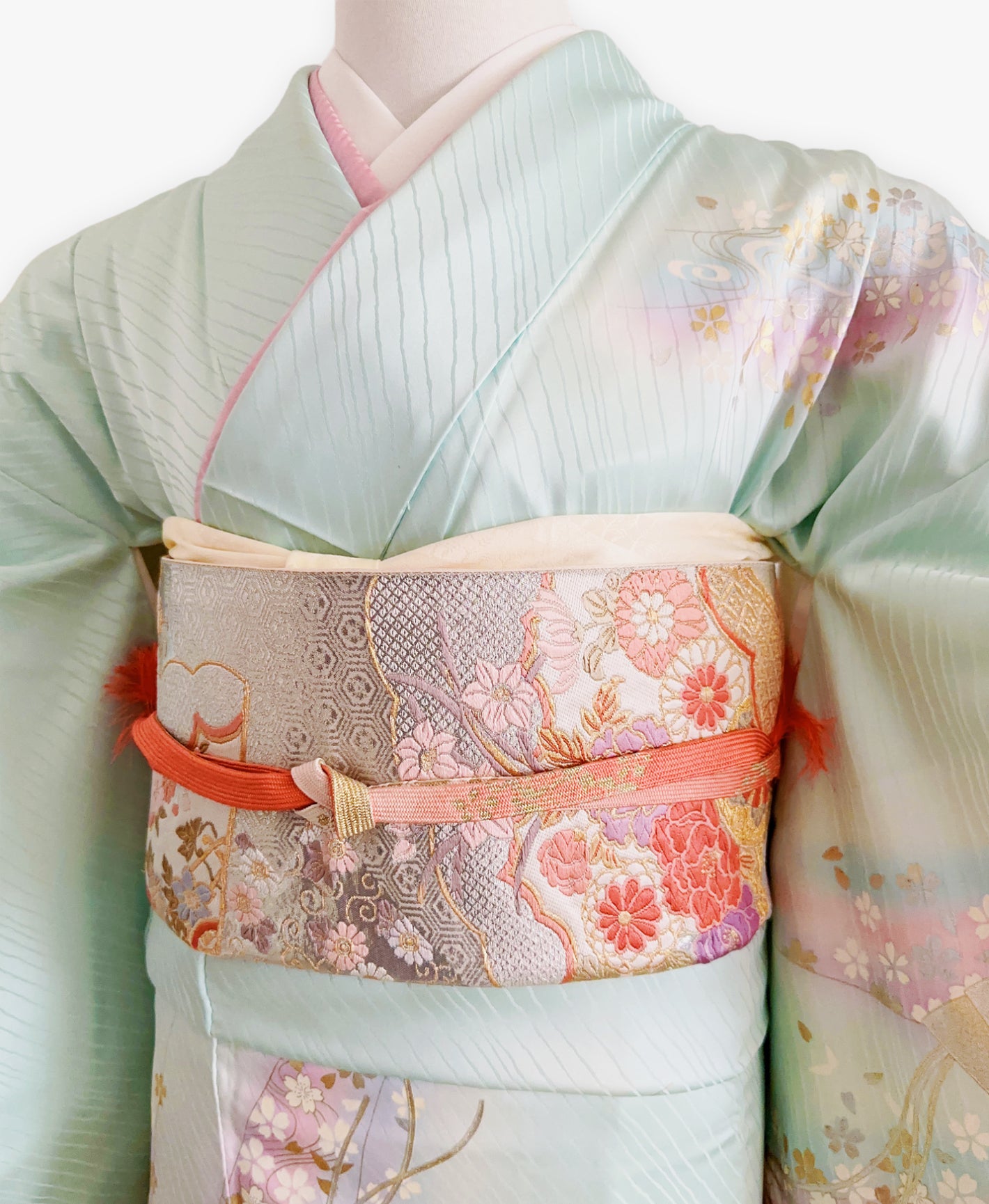瓶覗 青系 暈し染め 金彩 桜 流水 檜扇 訪問着 着物レンタル