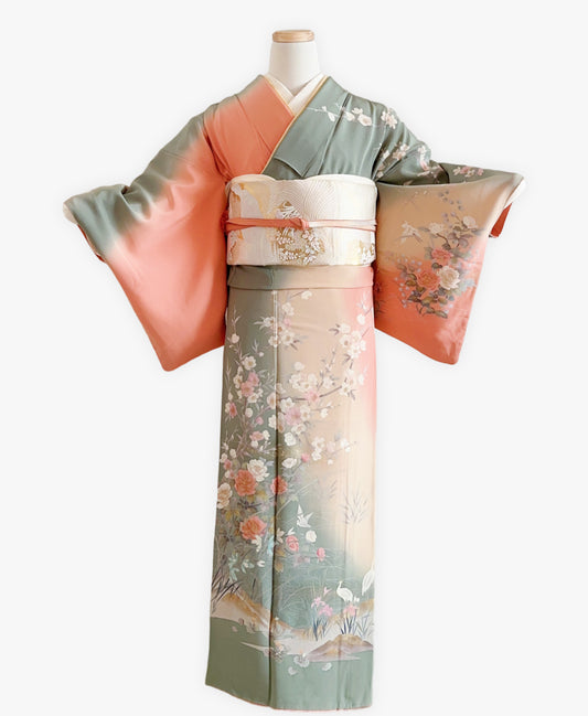深川鼠 緑系 暈し染め 金彩 牡丹 花草 鷺 風景 訪問着 着物レンタル