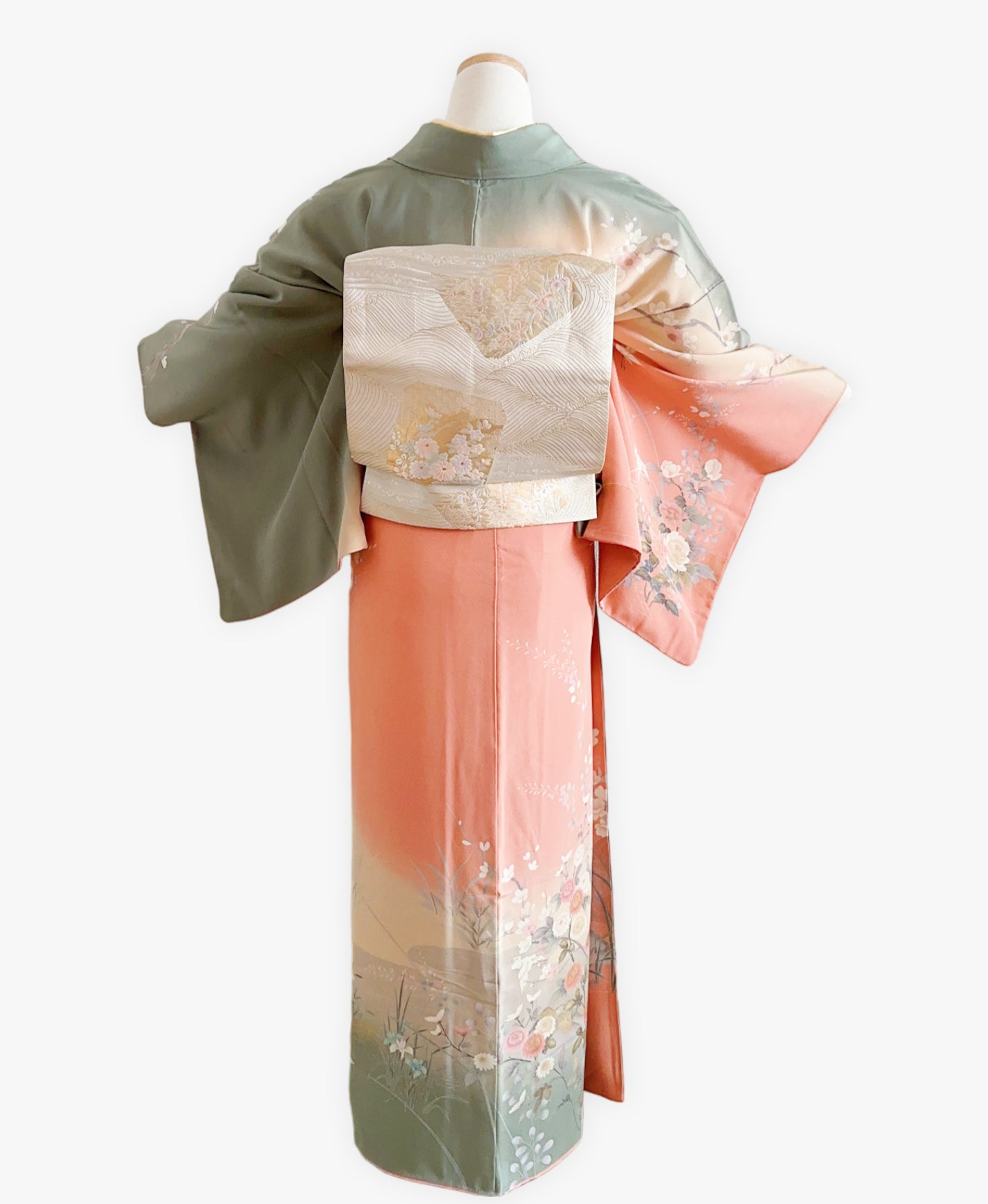深川鼠 緑系 暈し染め 金彩 牡丹 花草 鷺 風景 訪問着 着物レンタル
