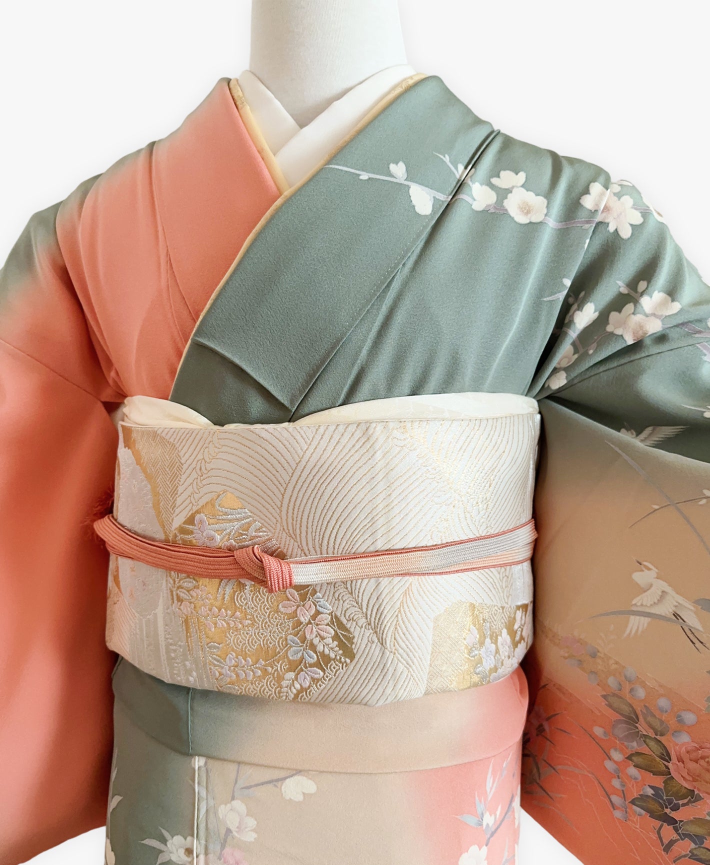 深川鼠 緑系 暈し染め 金彩 牡丹 花草 鷺 風景 訪問着 着物レンタル
