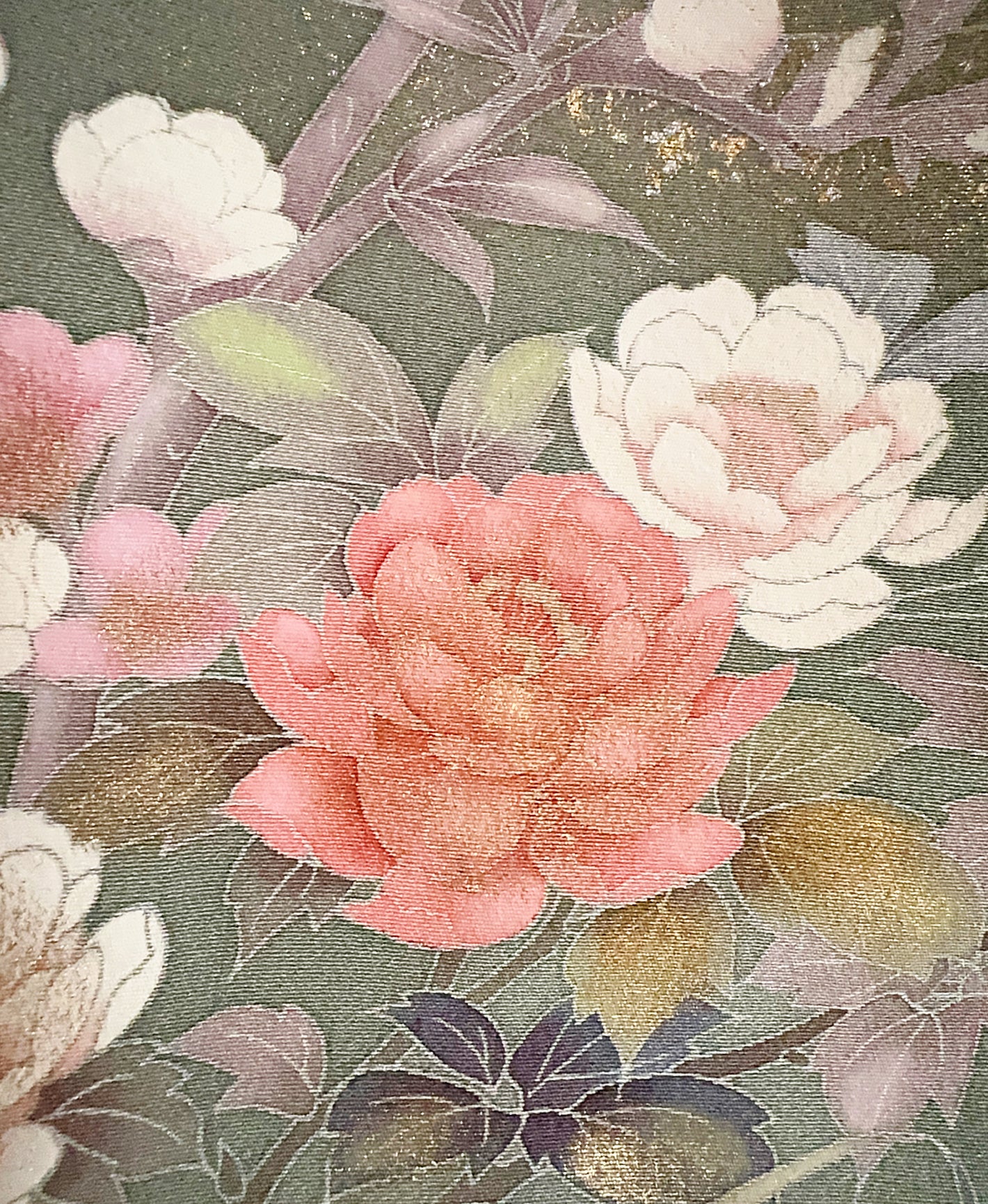 深川鼠 緑系 暈し染め 金彩 牡丹 花草 鷺 風景 訪問着 着物レンタル