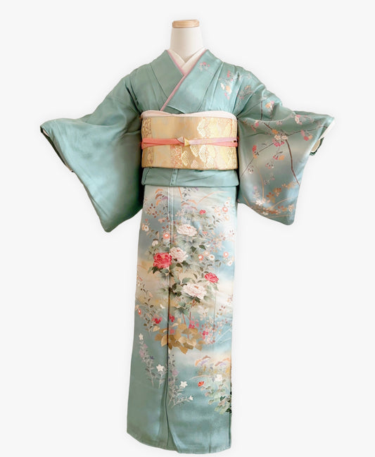 新橋色 青系 暈し染. 金彩 枝花文 作家物 訪問着 着物レンタル
