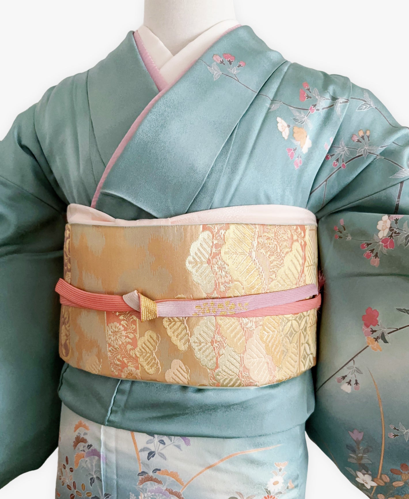 新橋色 青系 暈し染. 金彩 枝花文 作家物 訪問着 着物レンタル