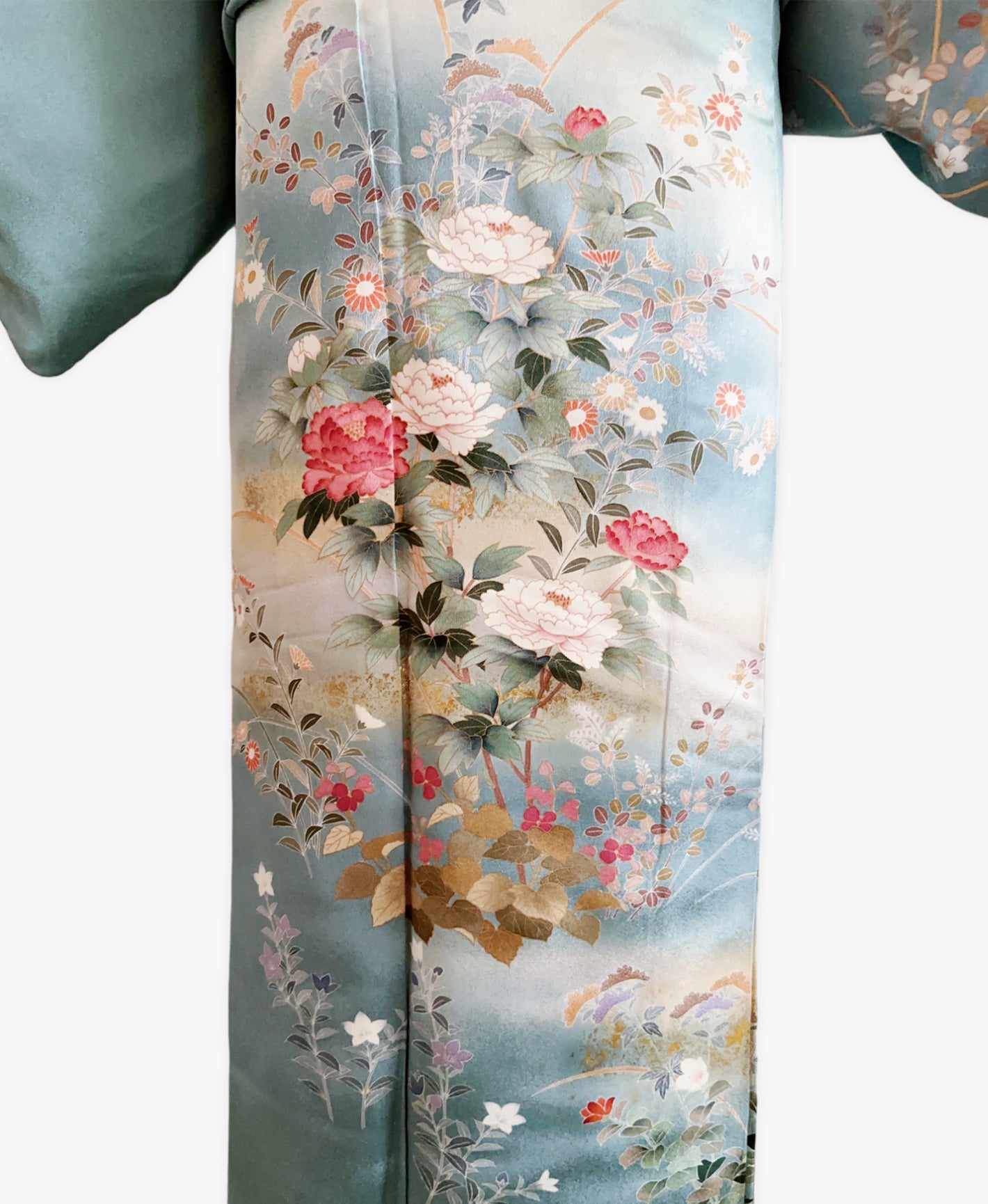 新橋色 青系 暈し染. 金彩 枝花文 作家物 訪問着 着物レンタル