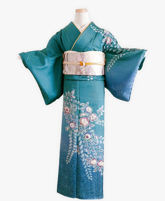 納戸色 青系 暈し染め 手描き 絞り 辻が花 訪問着 着物レンタル