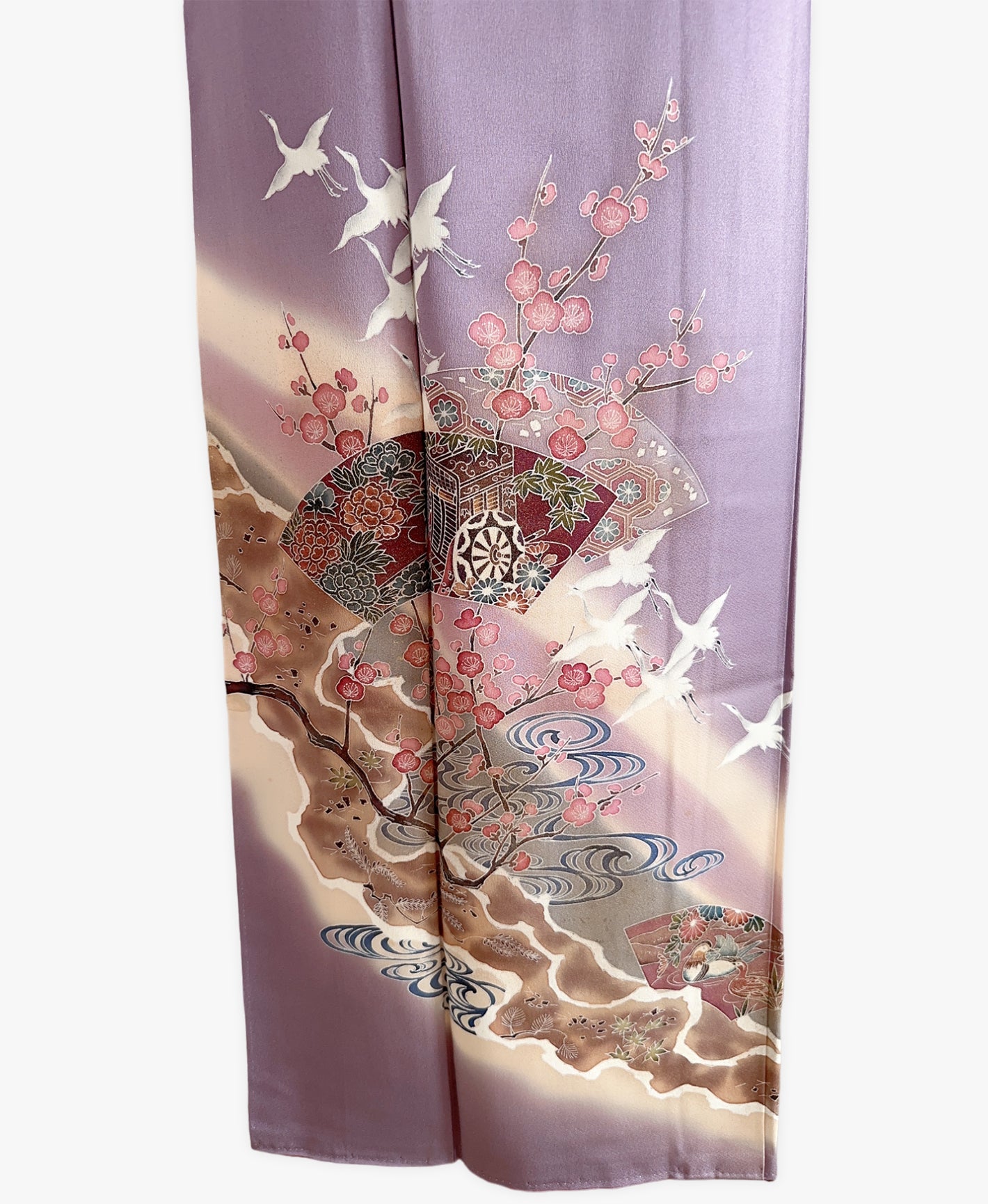 葡萄色 紫系 暈し染め 手描き 枝梅 扇 鶴 訪問着 着物レンタル