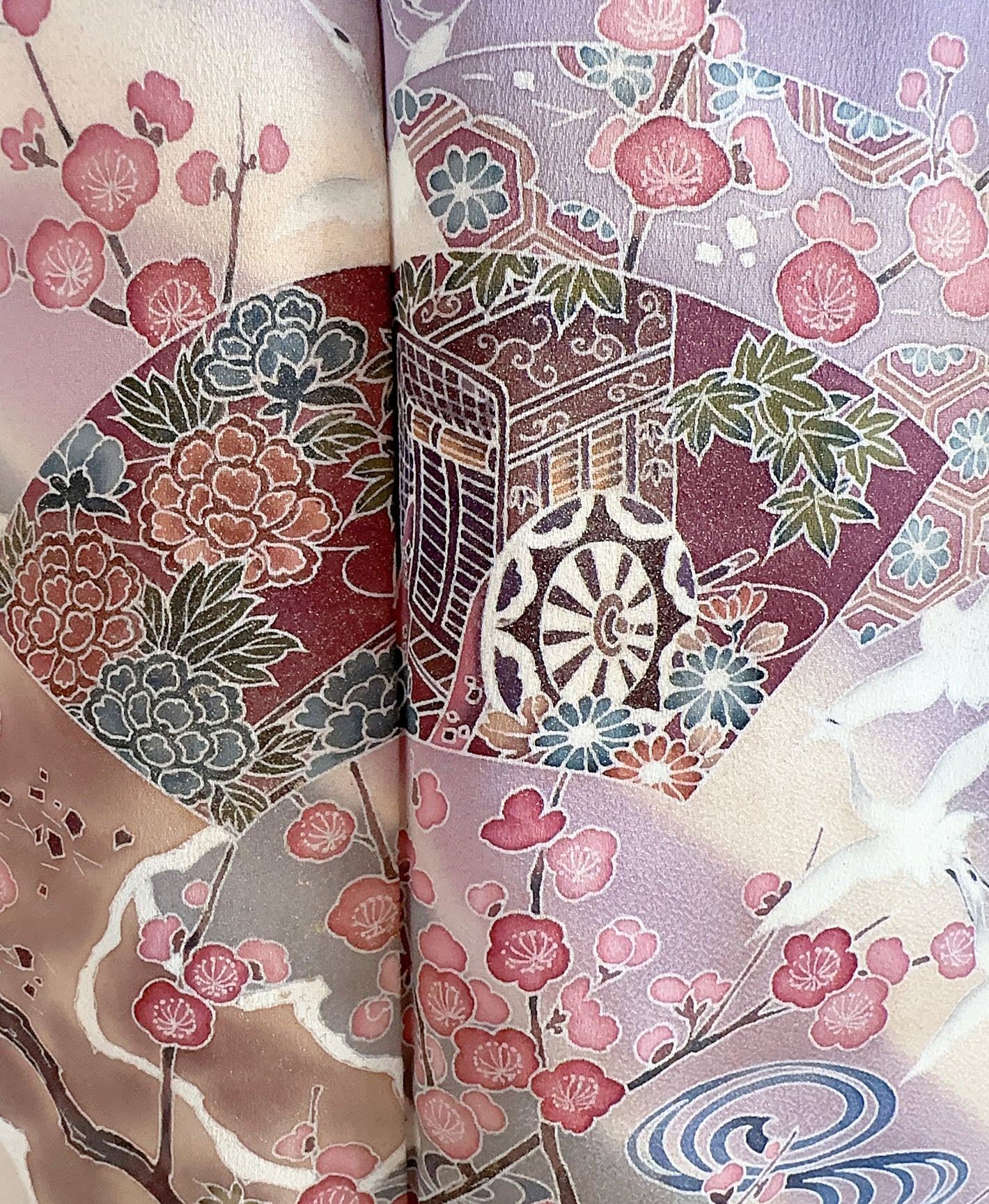 葡萄色 紫系 暈し染め 手描き 枝梅 扇 鶴 訪問着 着物レンタル