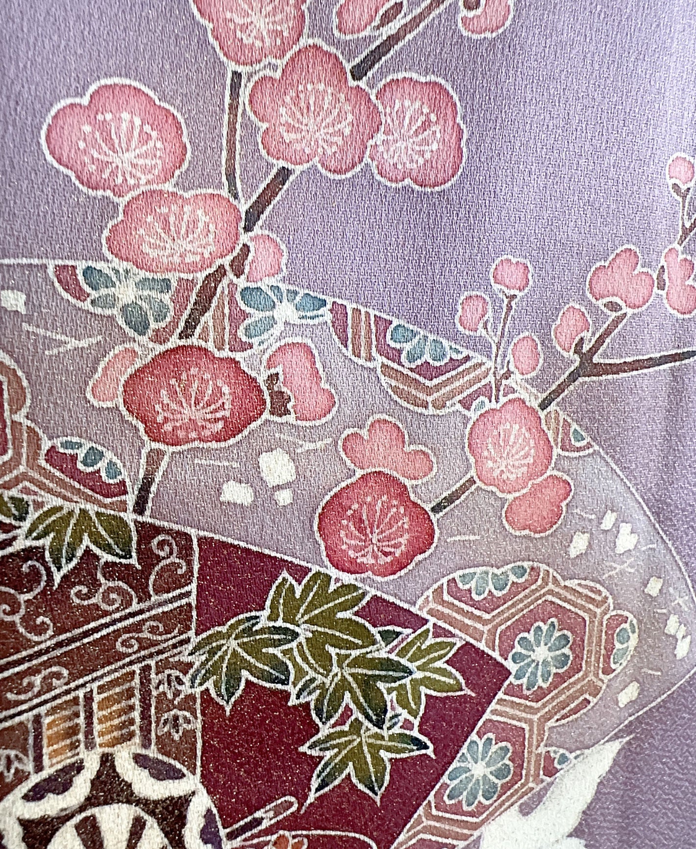 葡萄色 紫系 暈し染め 手描き 枝梅 扇 鶴 訪問着 着物レンタル