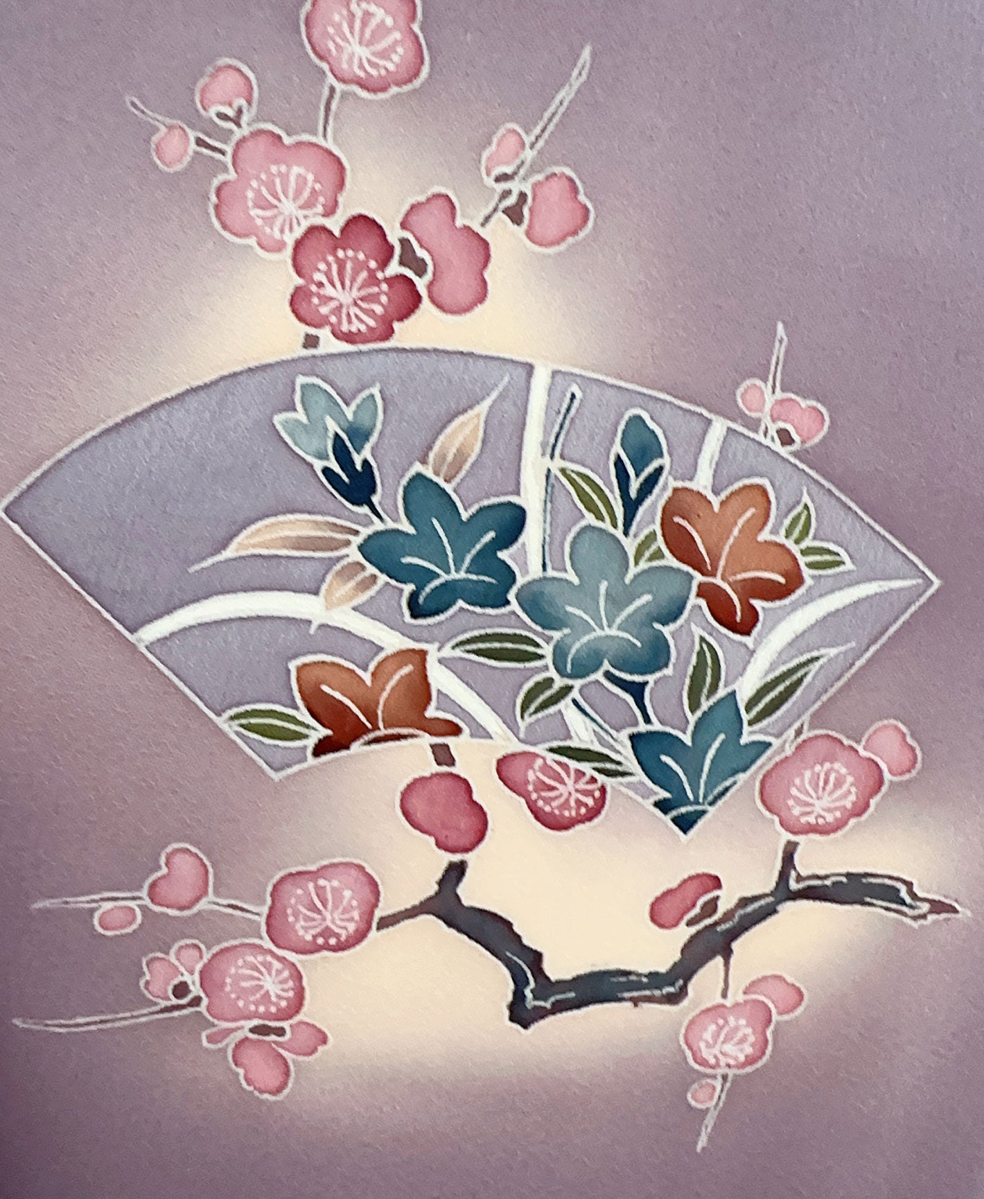 葡萄色 紫系 暈し染め 手描き 枝梅 扇 鶴 訪問着 着物レンタル