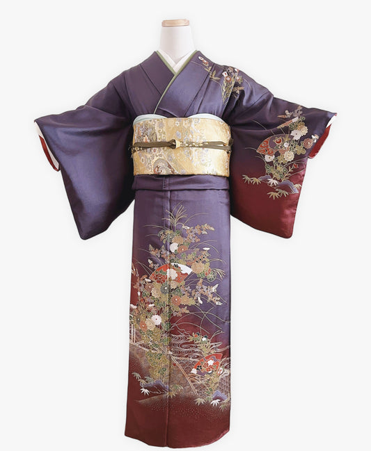 濃鼠 紫系 暈し染め 駒刺繍 金彩 扇面 花草 青海波 流水 訪問着 着物レンタル